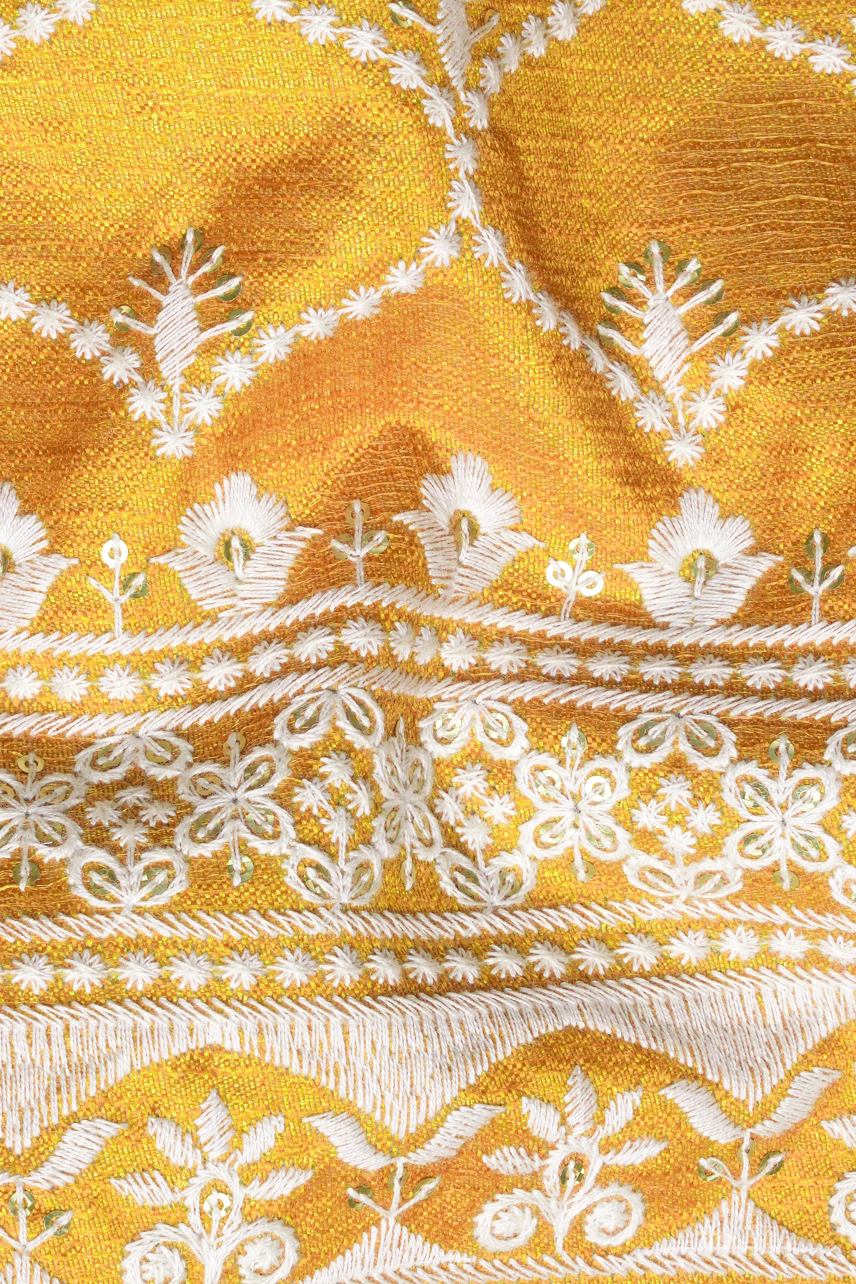 Bright White and Macaroni Yellow Ogee Thread and Sequin Embroidered Indo-Western