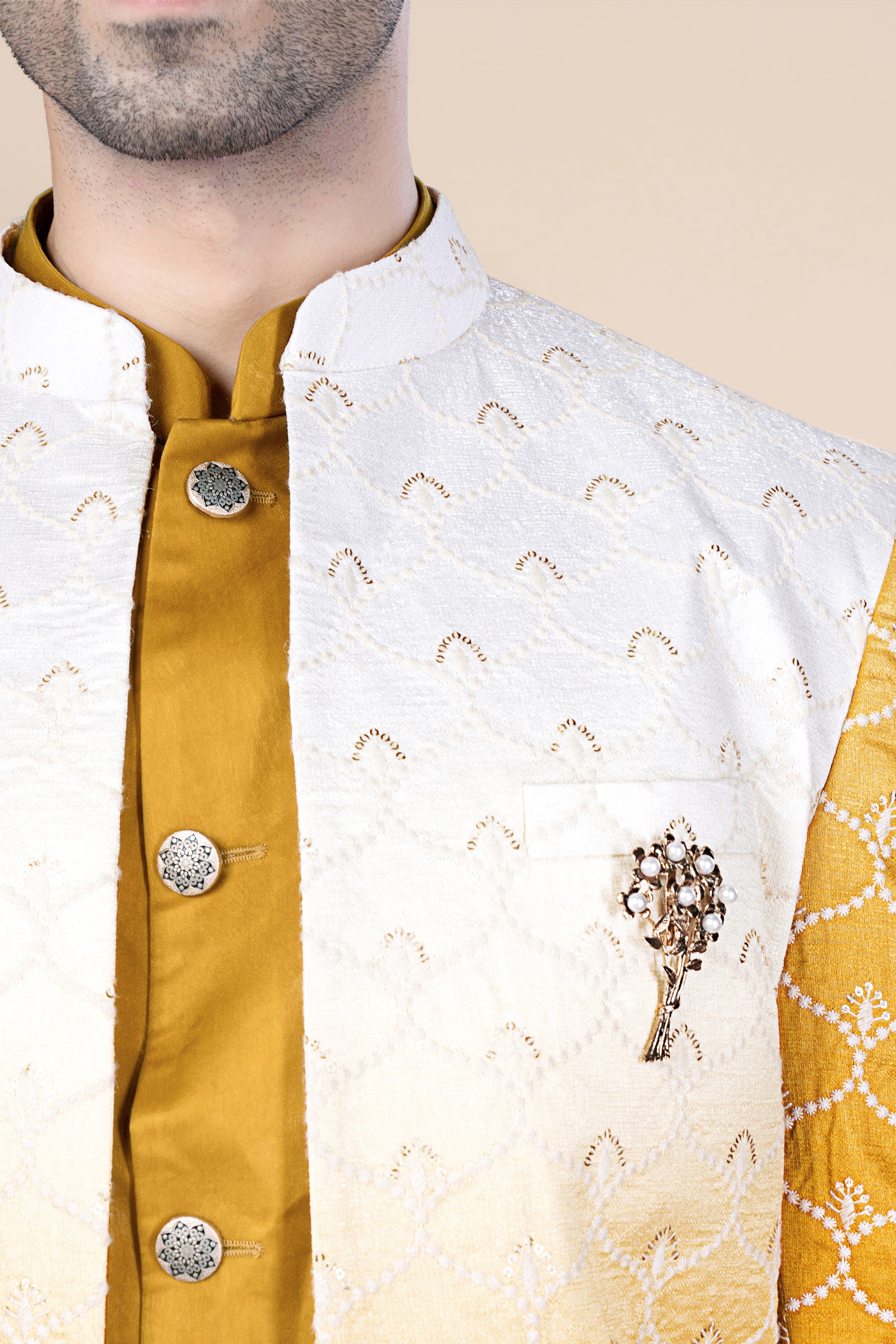 Bright White and Macaroni Yellow Ogee Thread and Sequin Embroidered Indo-Western