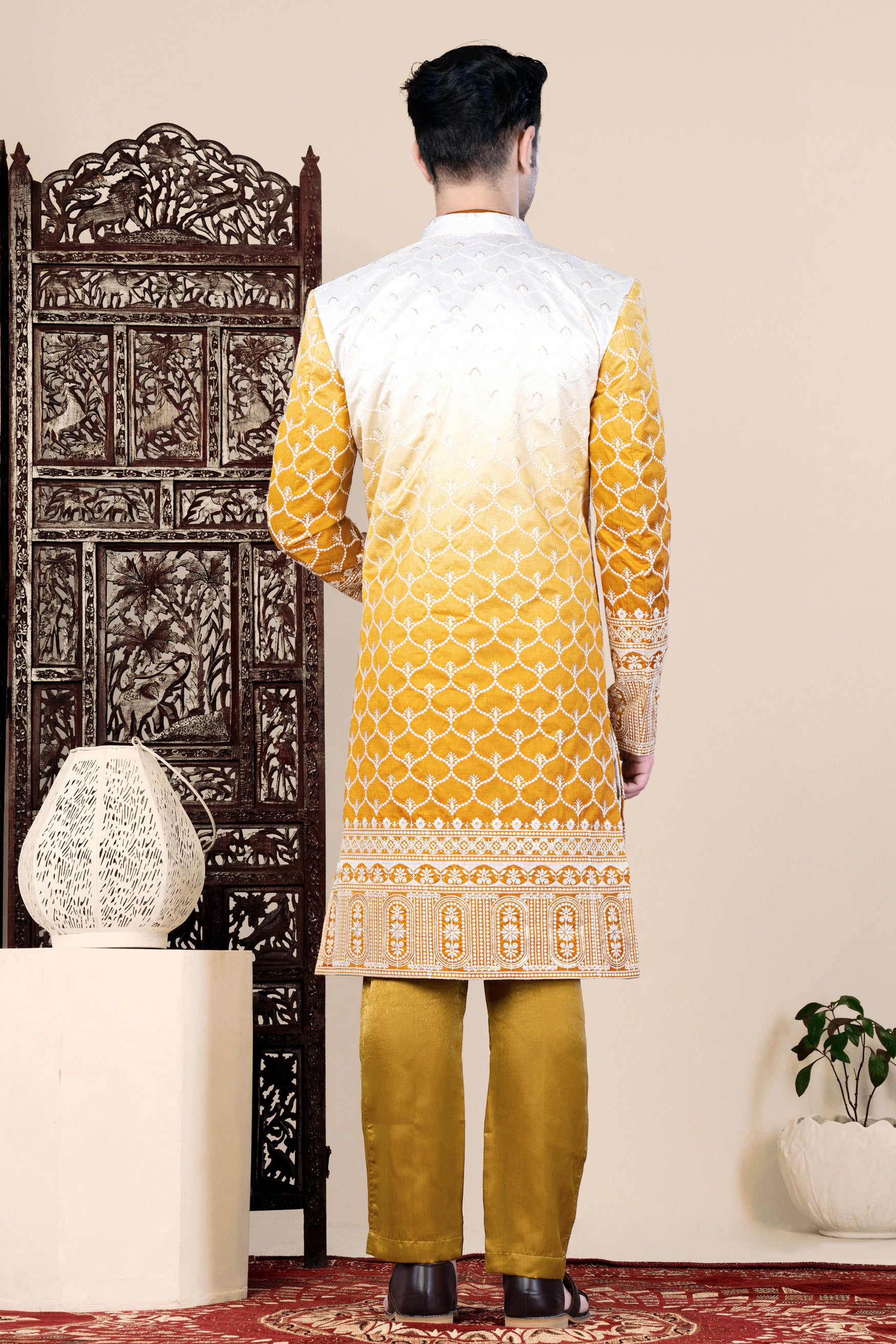 Bright White and Macaroni Yellow Ogee Thread and Sequin Embroidered Indo-Western