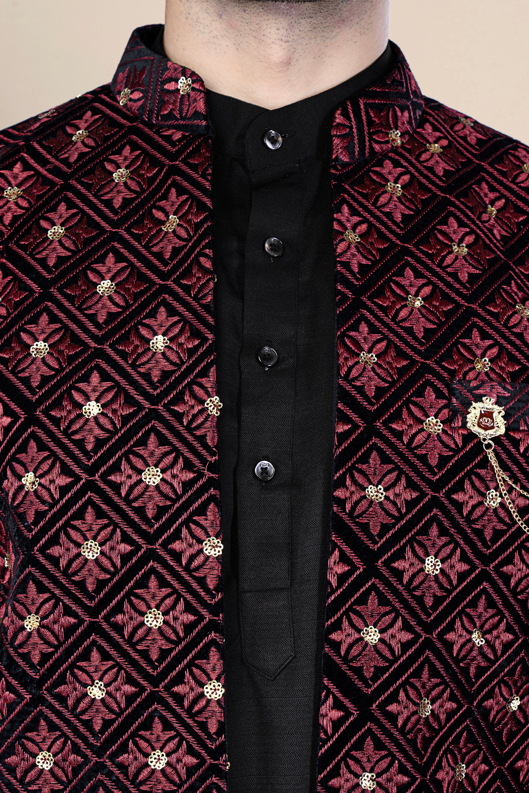 Jade Black and Cordovan Pink Geometric Thread and Sequin Embroidered Indo-Western