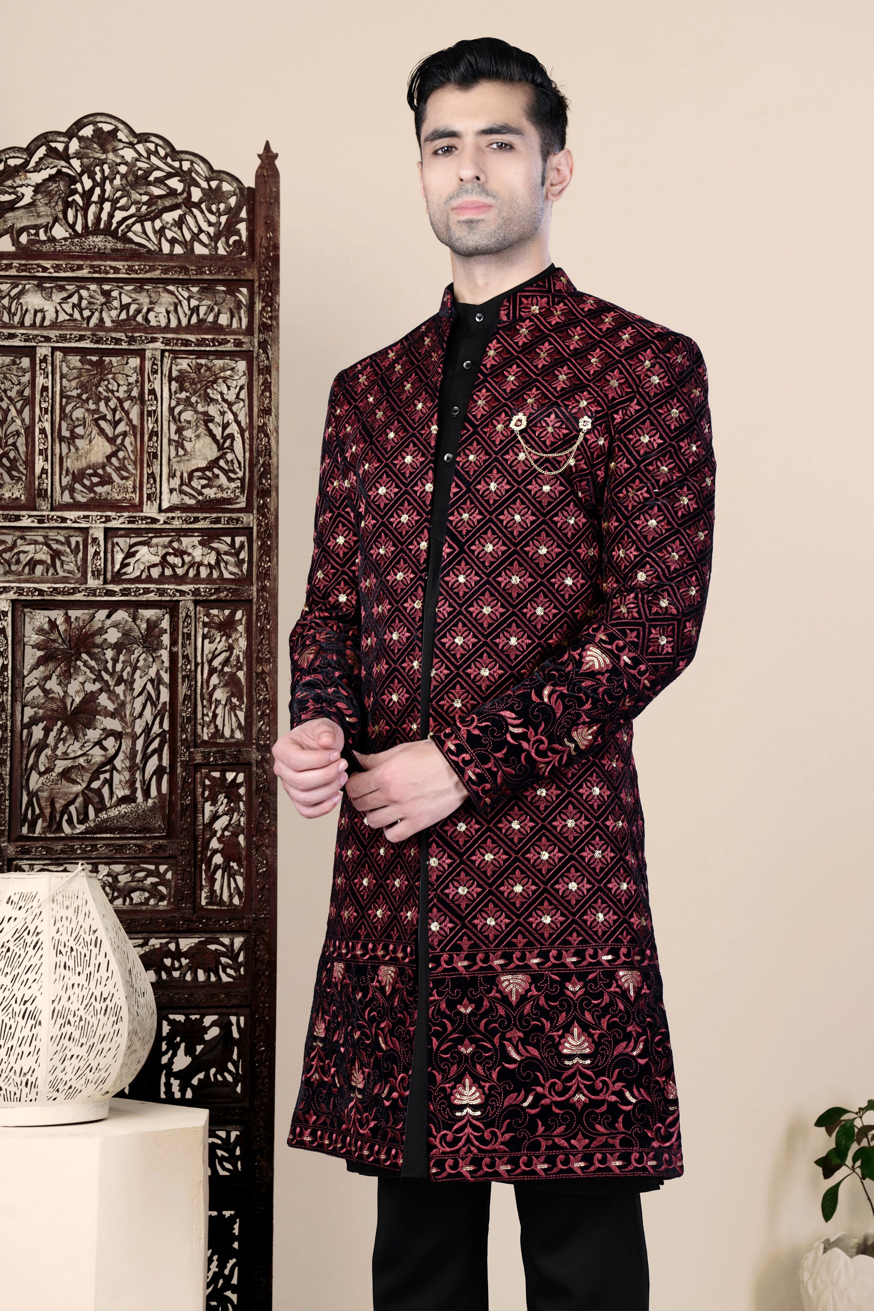 Jade Black and Cordovan Pink Geometric Thread and Sequin Embroidered Indo-Western