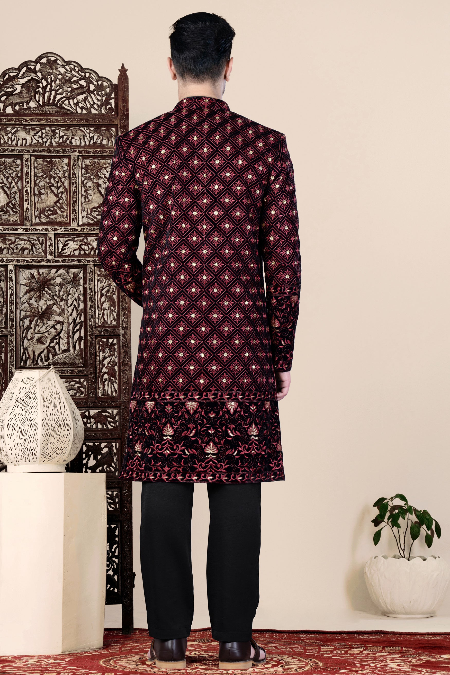 Jade Black and Cordovan Pink Geometric Thread and Sequin Embroidered Indo-Western