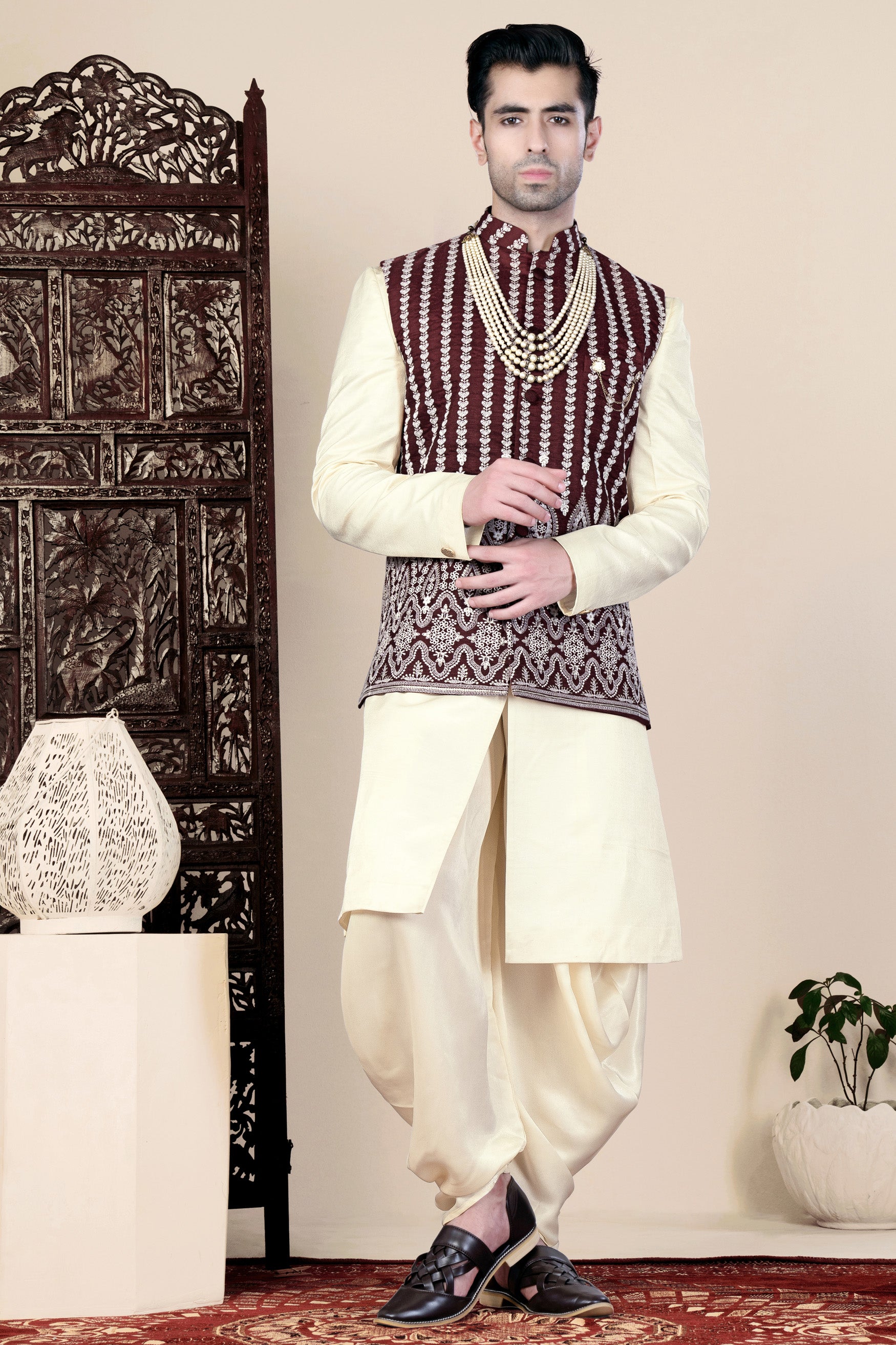 Irish Maroon and Cream Thread Embroidered Indo-Western  with Koti