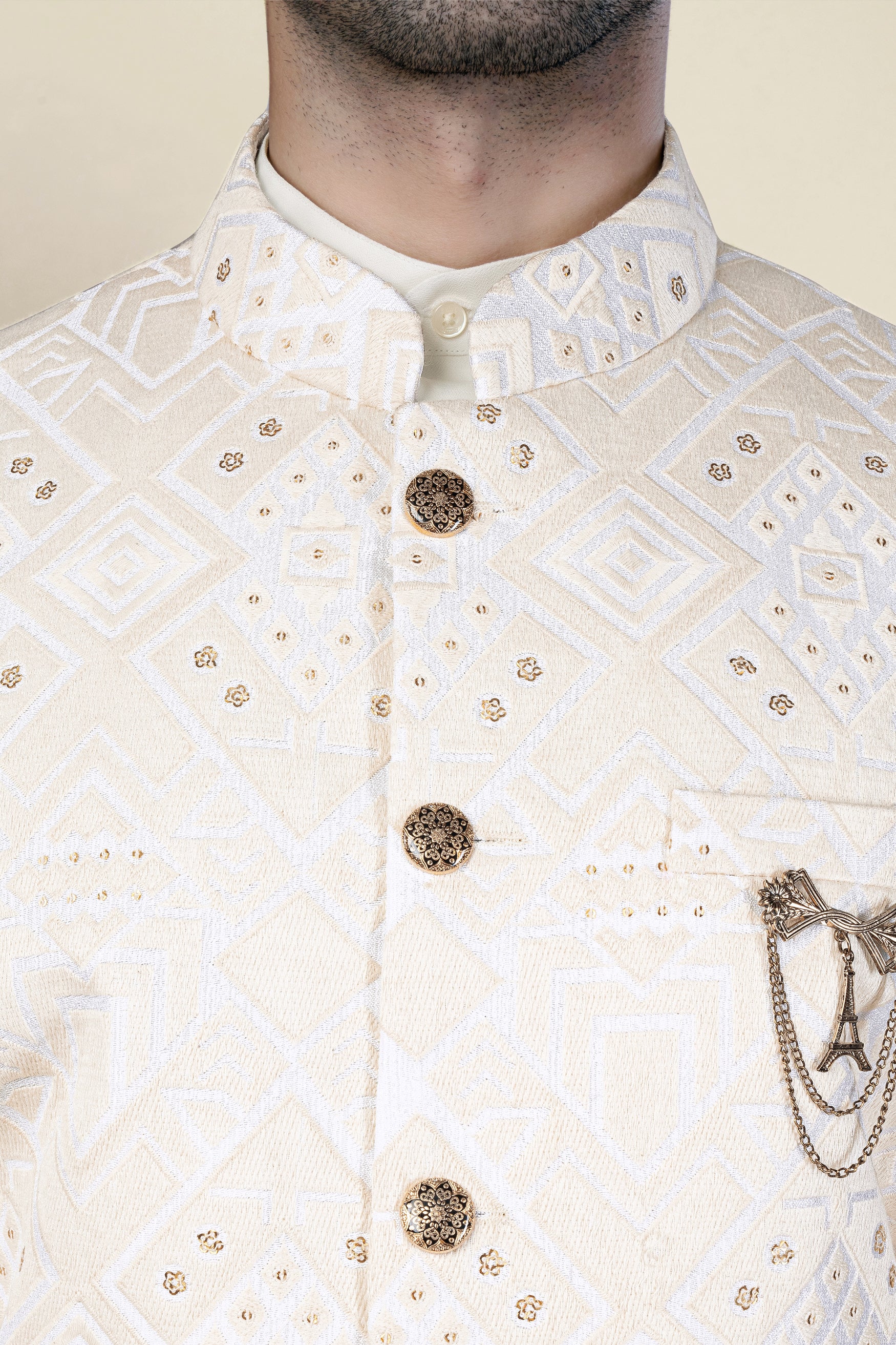 Sand Cream Geometric Thread and Sequin Embroidered Jodhpuri