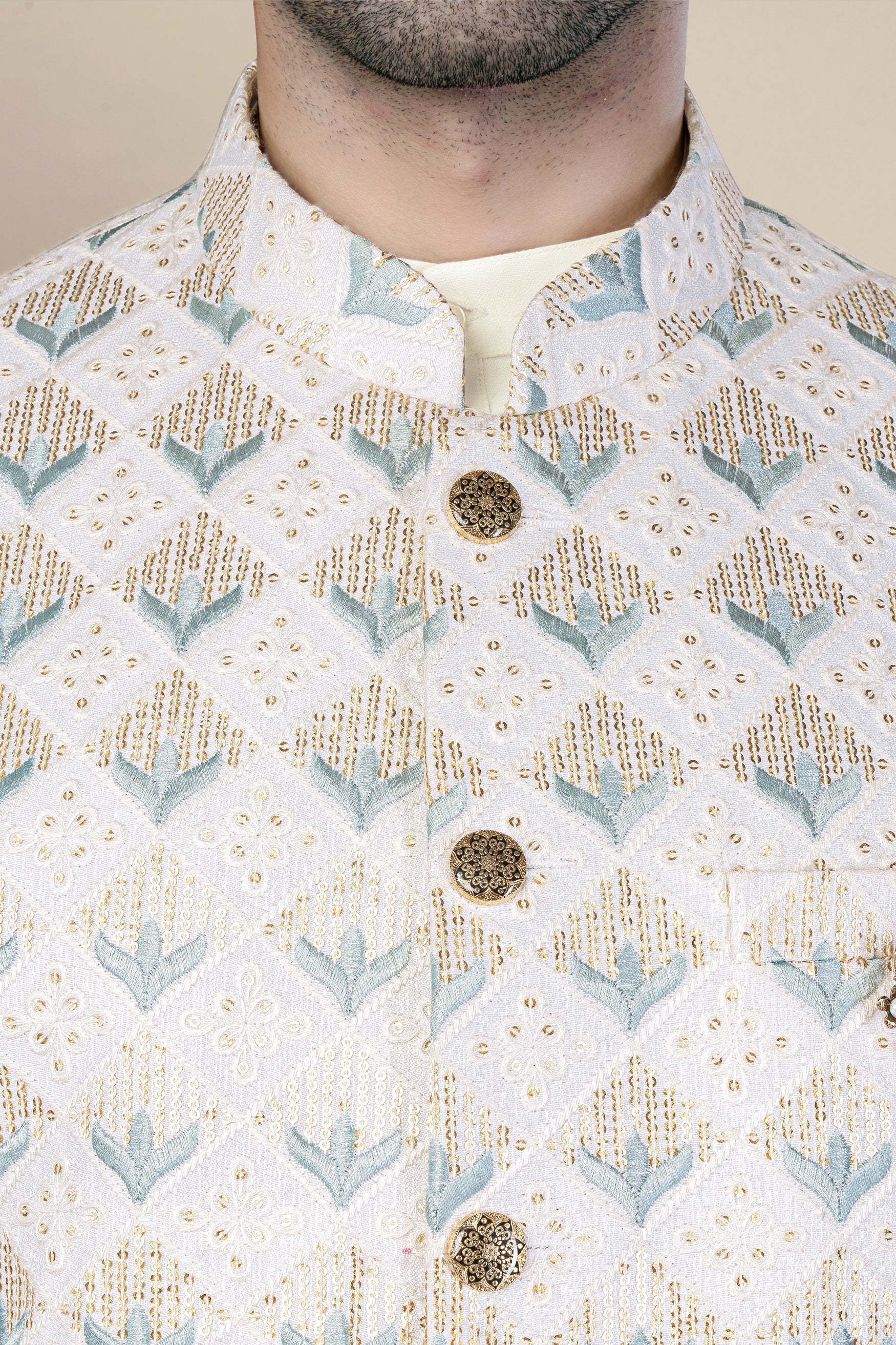 Sand Cream Geometric Thread and Sequin Embroidered Jodhpuri