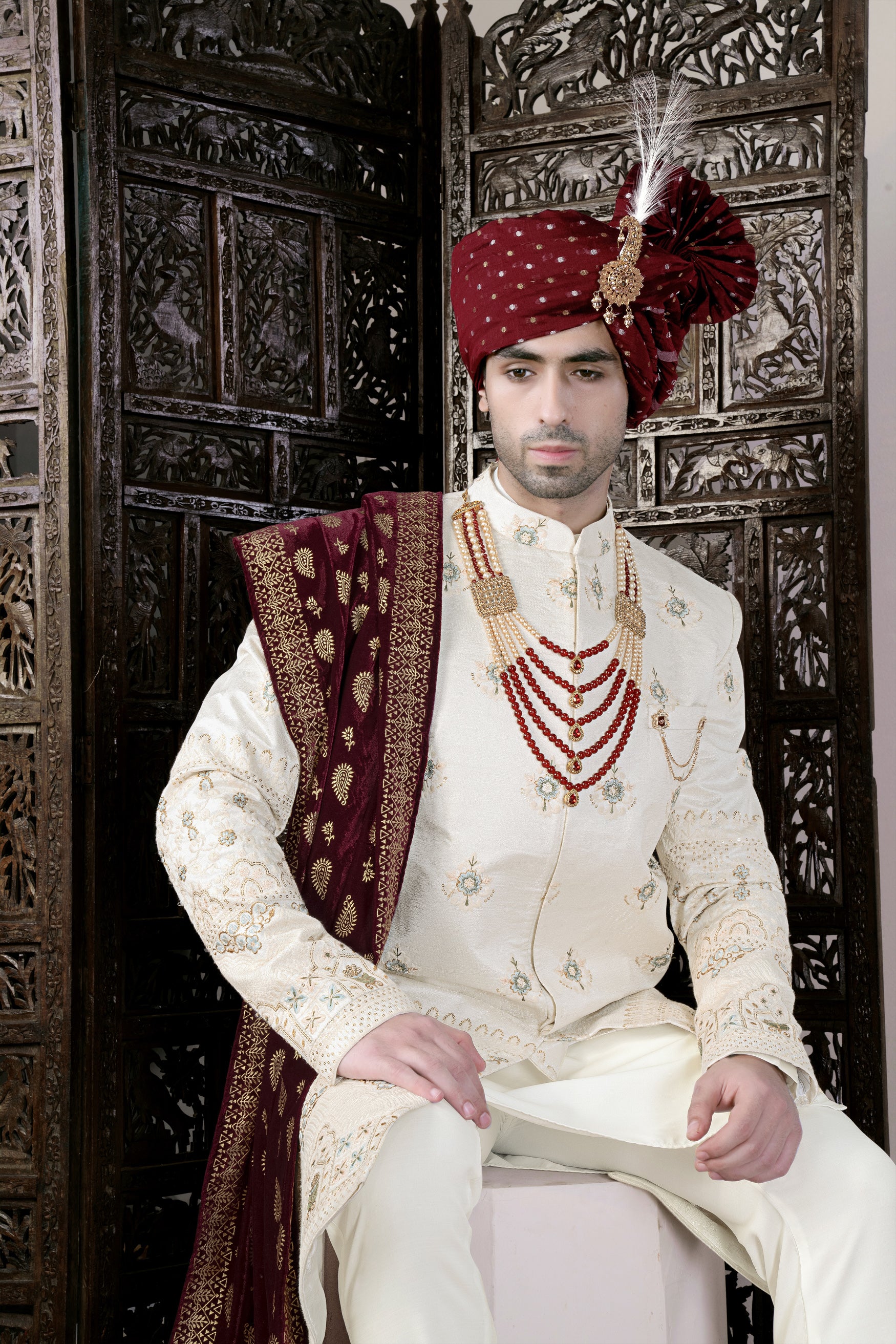 Eggshell Cream and Casper Blue Floral Thread and Sequin Embroidered Indo-Western Sherwani