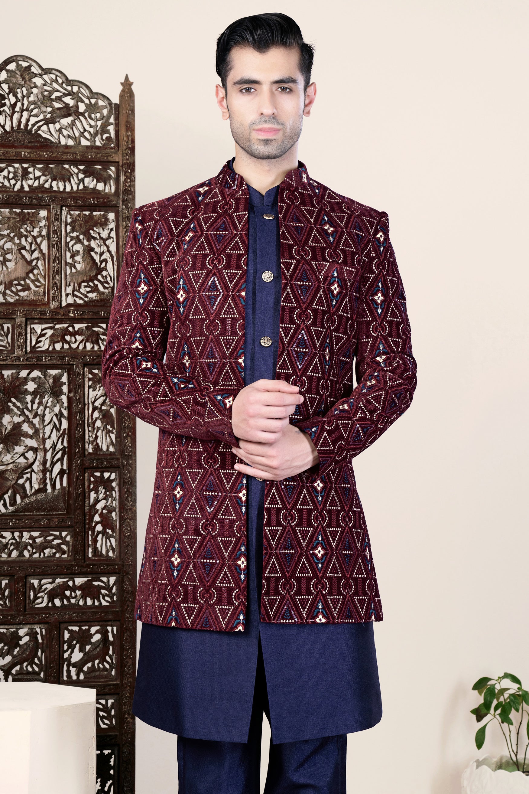 Castro Maroon and Peach Geometric Thread and Sequin Embroidered Indo-Western