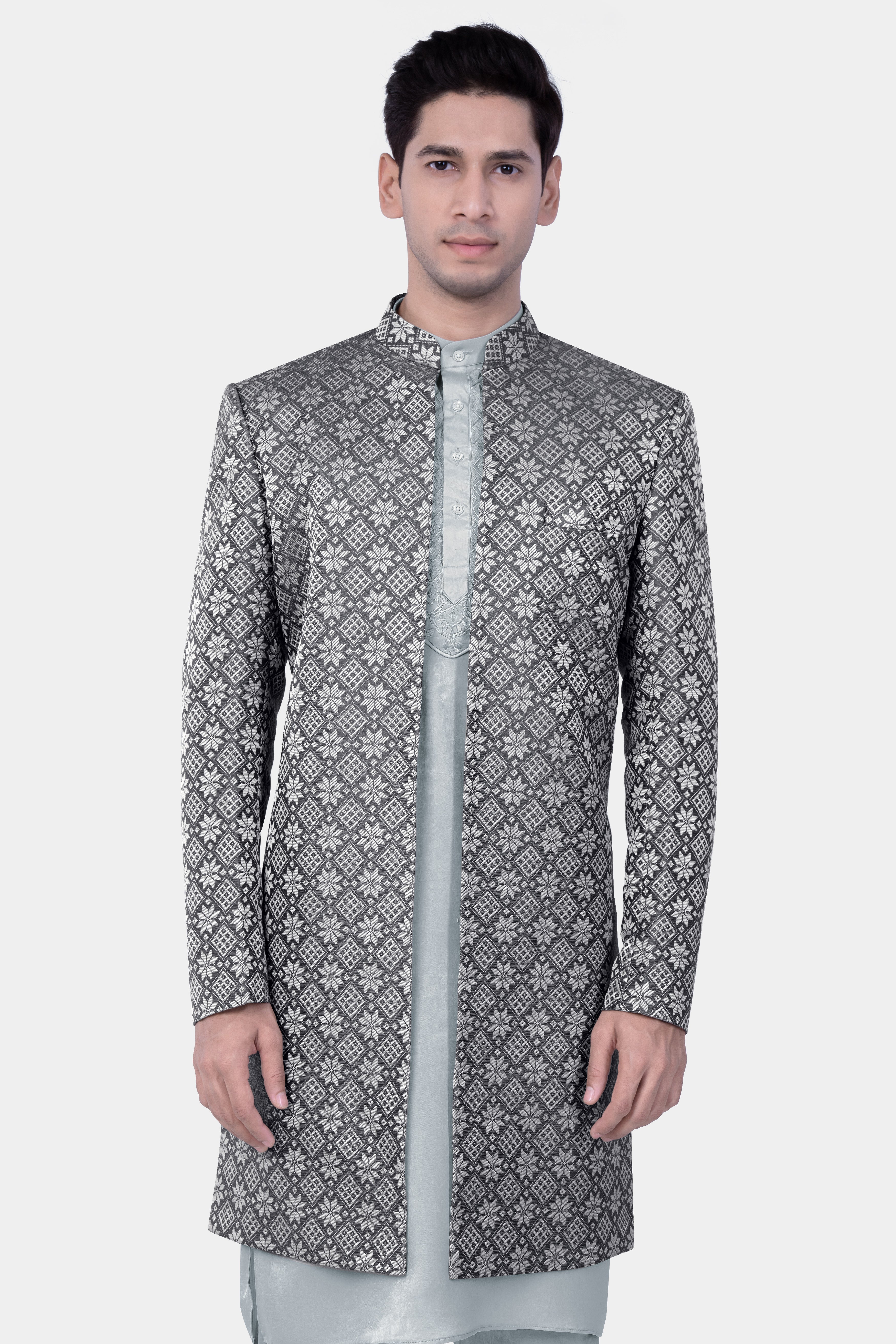 Gravel Gray Jacquard Party Wear Indo-Western