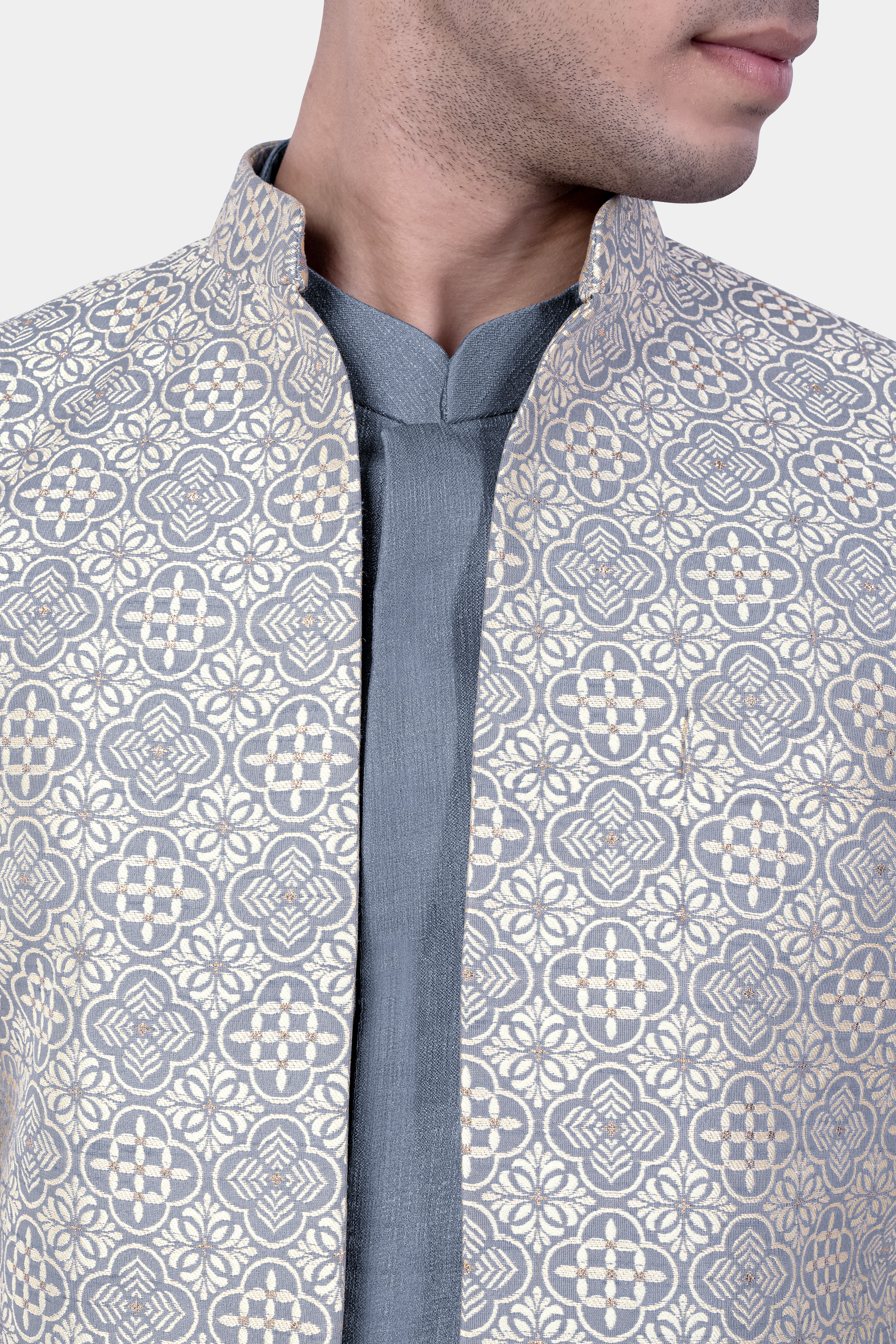 Cadet Blue and White Moroccan Jacquard Textured Designer Indo-Western