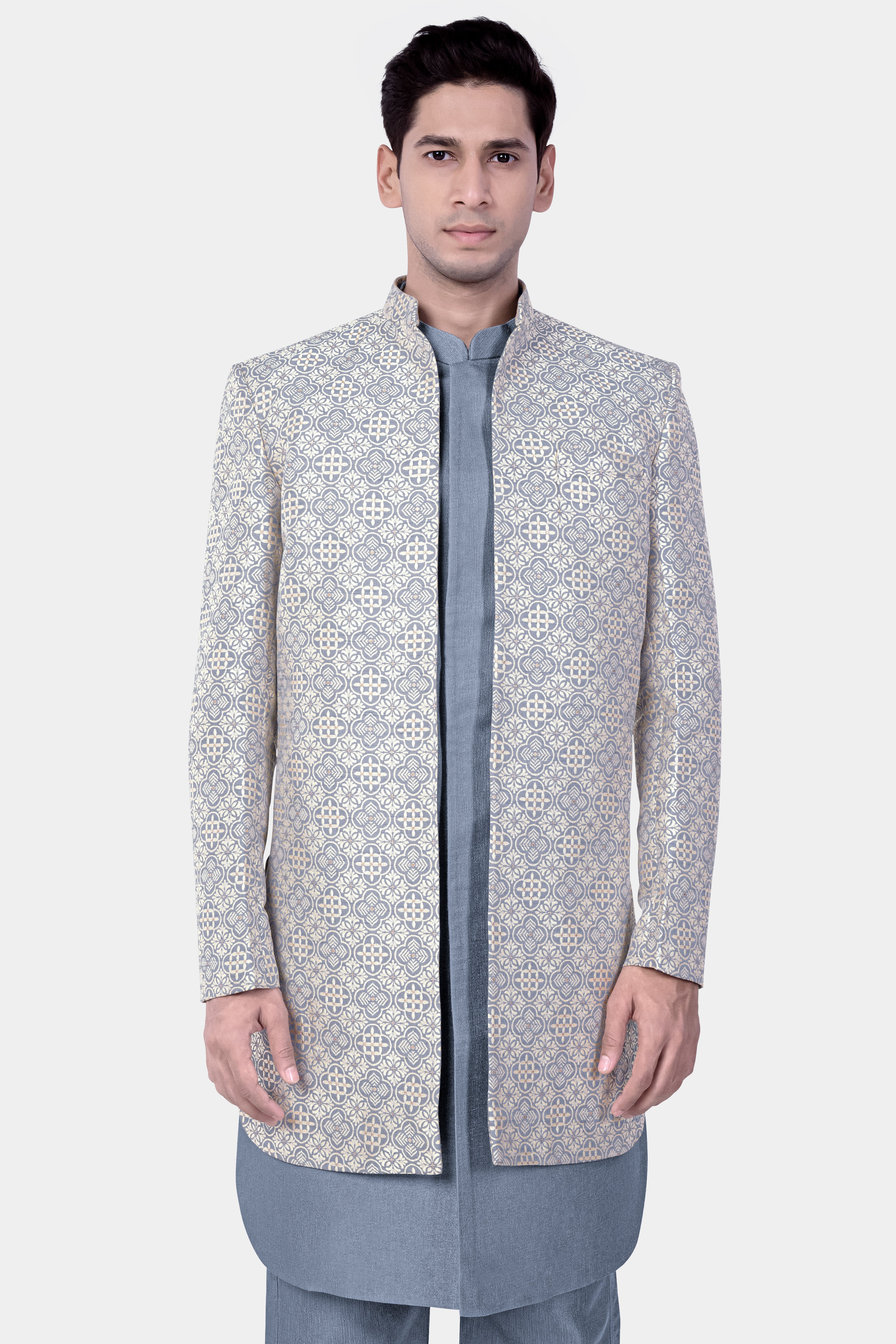 Cadet Blue and White Moroccan Jacquard Textured Designer Indo-Western