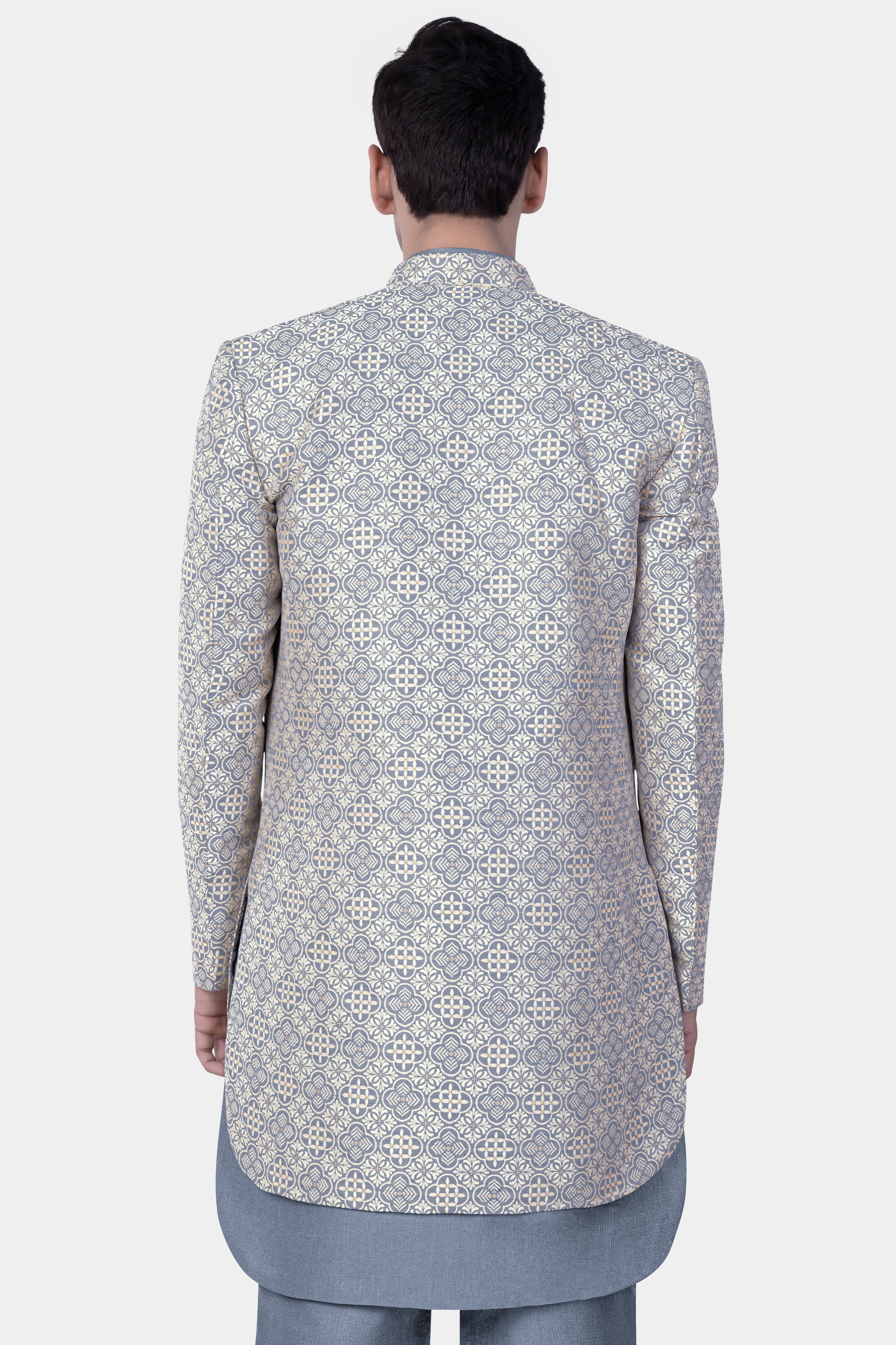 Cadet Blue and White Moroccan Jacquard Textured Designer Indo-Western