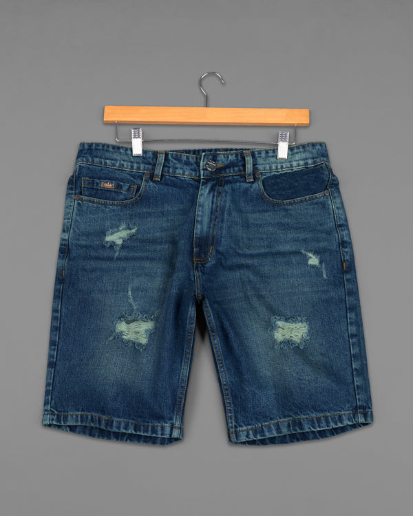 Rhino Blue and Pewter Green Mildly Distressed Whiskering Wash Denim Shorts SR216-28, SR216-30, SR216-32, SR216-34, SR216-36, SR216-38, SR216-40, SR216-42, SR216-44