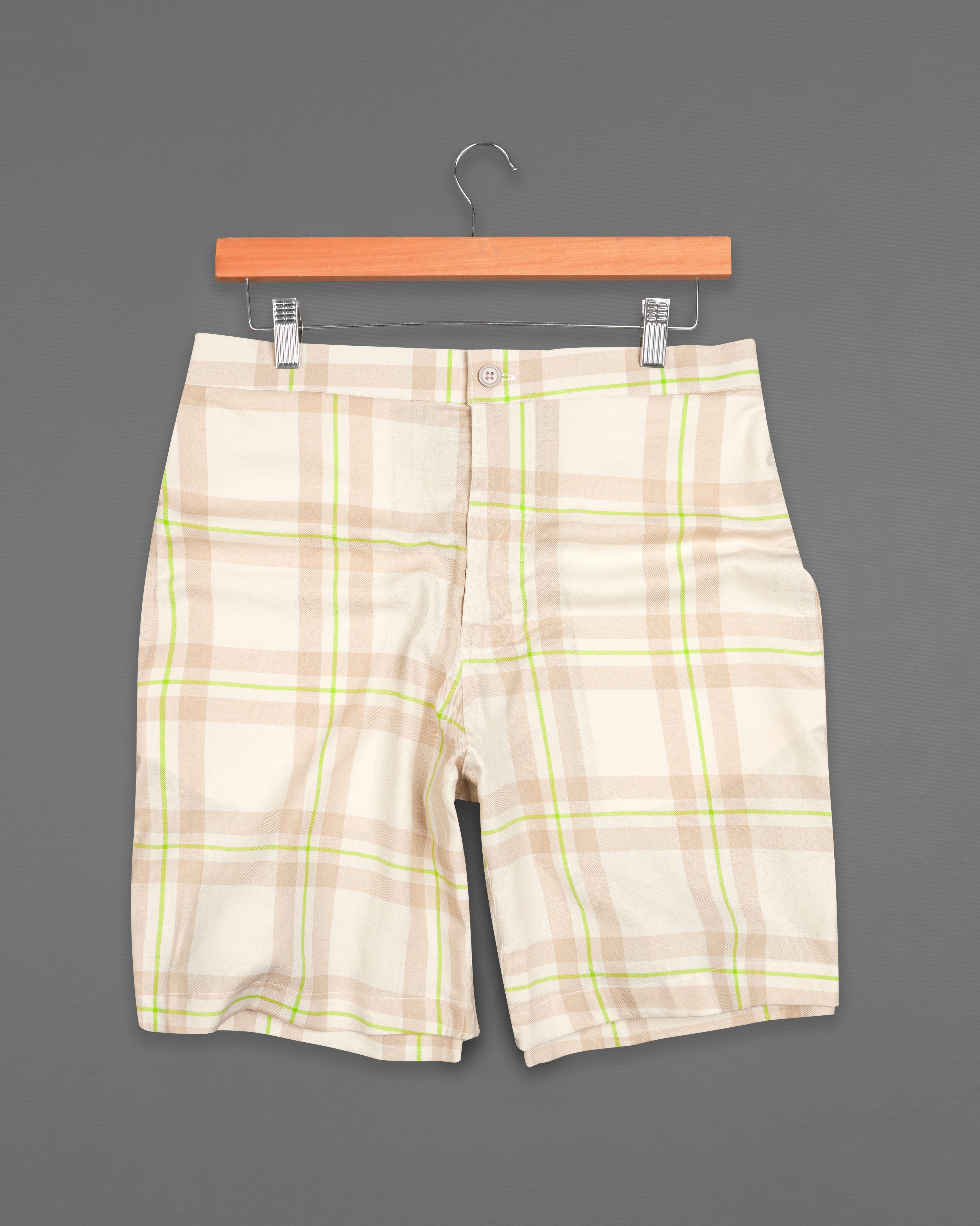 Mandys Cream with Conifer Green Twill Plaid Premium Cotton Short,SR233-28, SR233-30, SR233-32, SR233-34, SR233-36, SR233-38, SR233-40, SR233-42, SR233-44