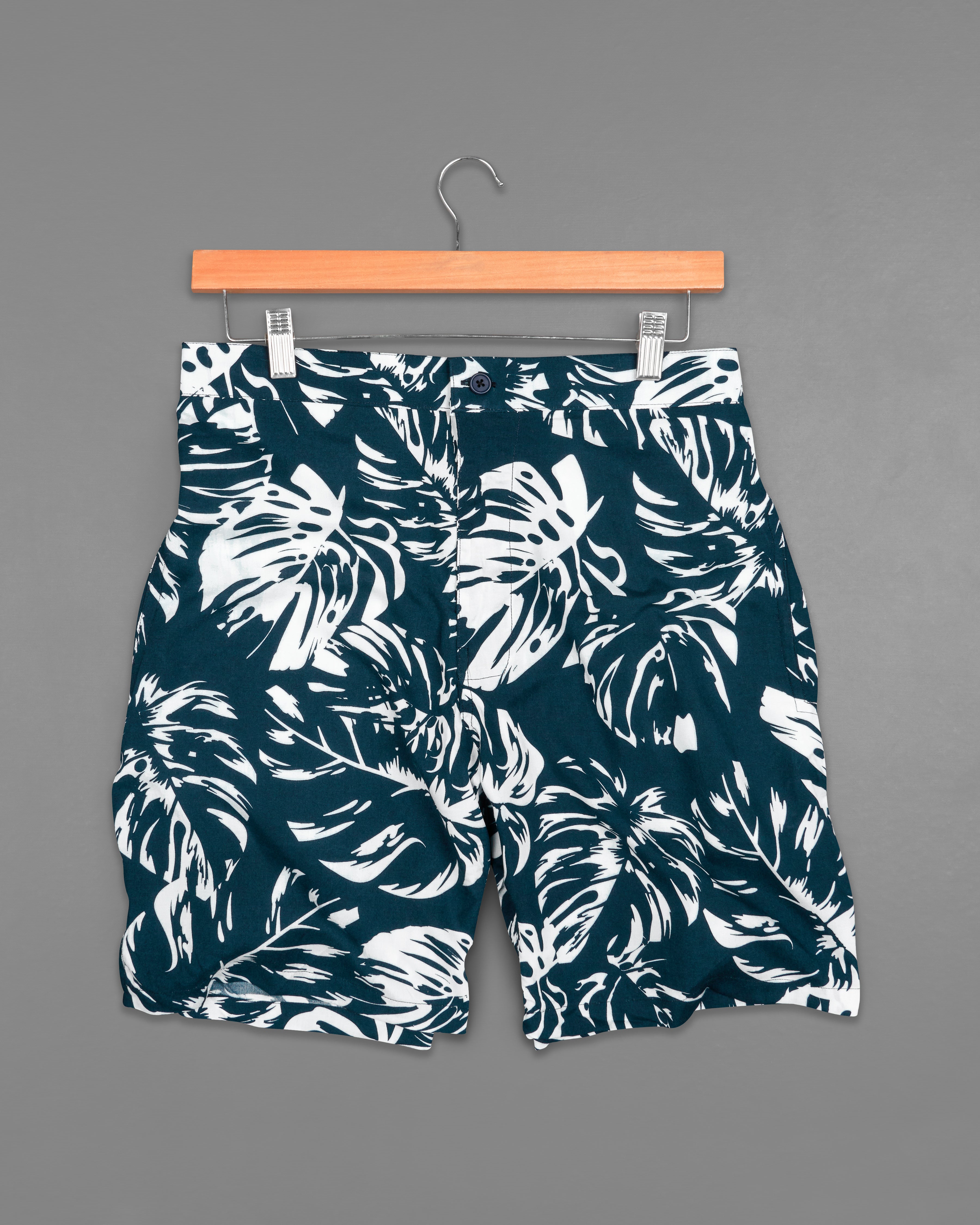 Shade Blue with White Leaves Printed Premium Tencel Shorts SR241-28, SR241-30, SR241-32, SR241-34, SR241-36, SR241-38, SR241-40, SR241-42, SR241-44