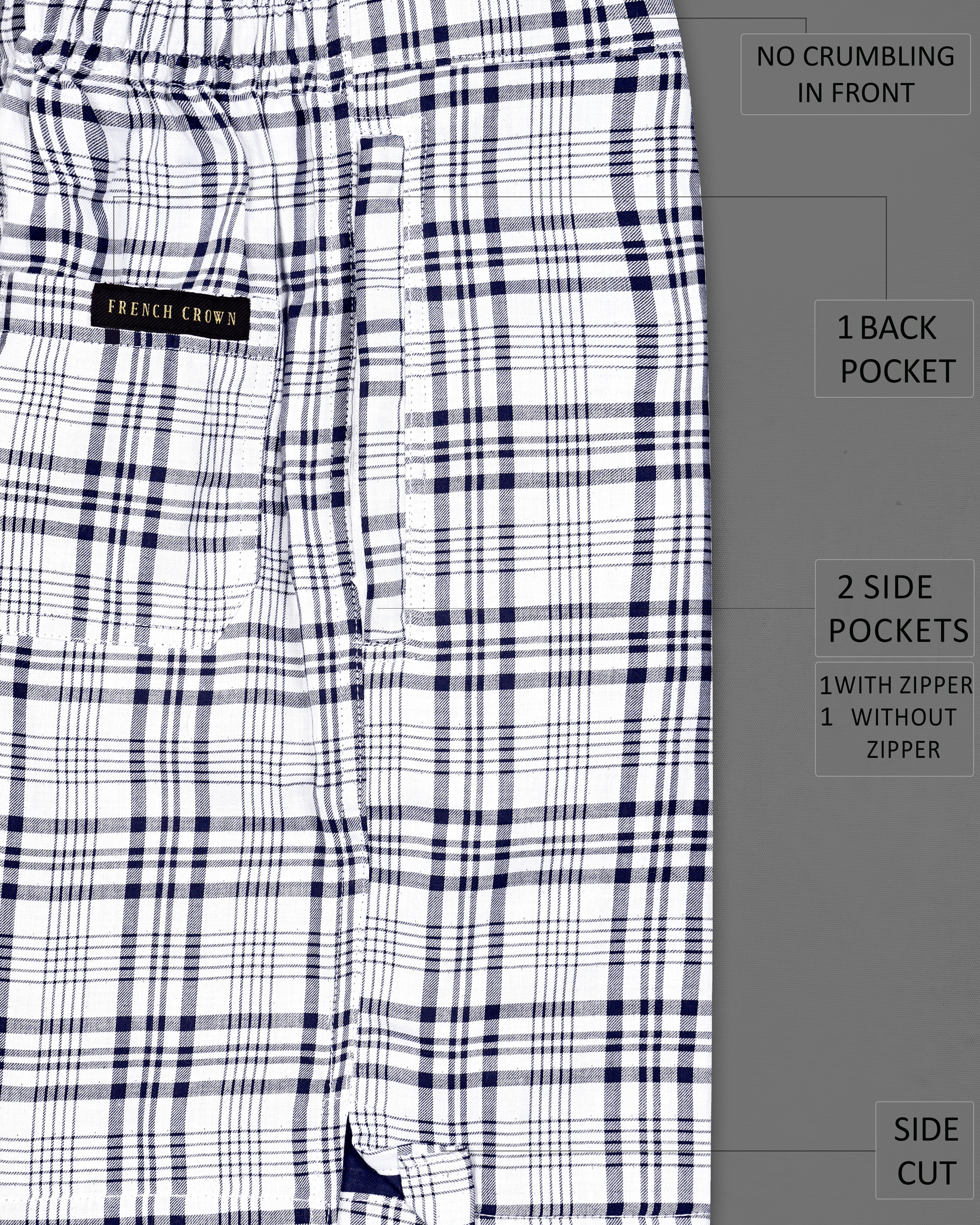 Midnight Navy Blue and White Twill Checkered Premium Cotton Shorts SR252-28, SR252-30, SR252-32, SR252-34, SR252-36, SR252-38, SR252-40, SR252-42, SR252-44