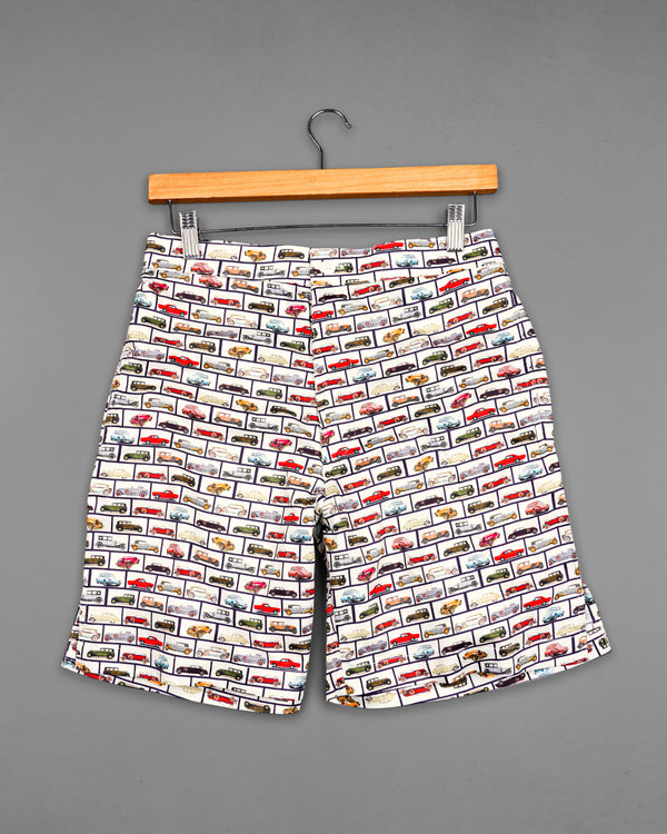 Bright White with Multicolour Cars Printed Super Soft Premium Cotton Shorts SR261-28, SR261-30, SR261-32, SR261-34, SR261-36, SR261-38, SR261-40, SR261-42, SR261-44