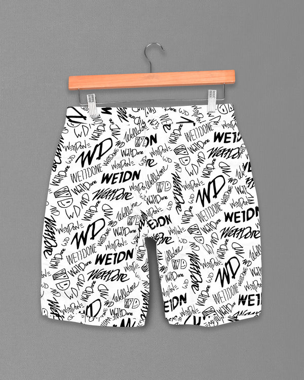 Bright White and Black Doodle Printed Super Soft Premium Cotton Shorts SR263-28, SR263-30, SR263-32, SR263-34, SR263-36, SR263-38, SR263-40, SR263-42, SR263-44