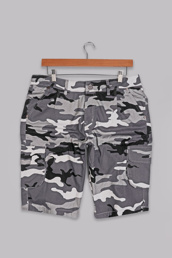 Porcelain White with Fuscous Gray and Black Camouflage Cargo Shorts