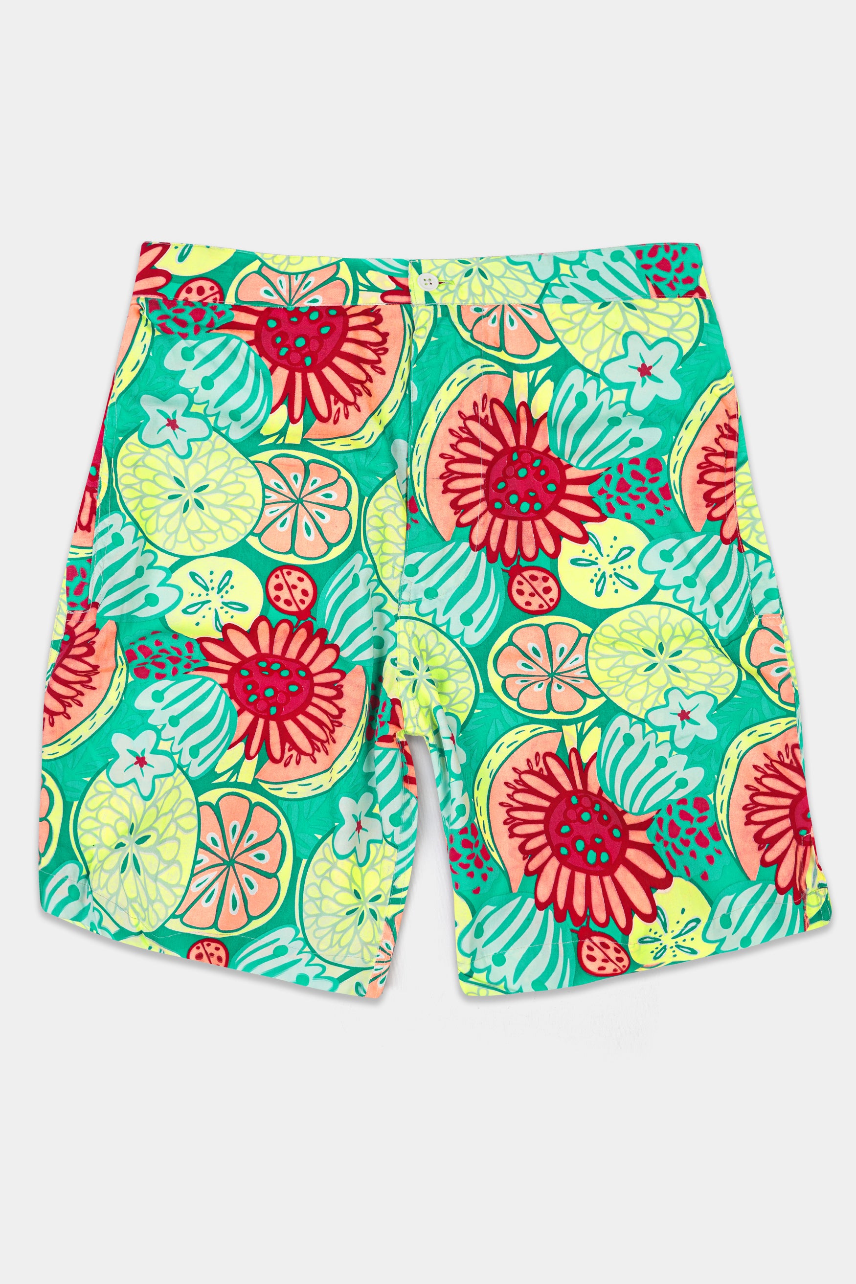 Caribbean Green with Scarlet Red Floral Printed Premium Cotton Shorts SR349-28,  SR349-30,  SR349-32,  SR349-34,  SR349-36,  SR349-38,  SR349-40,  SR349-42,  SR349-44