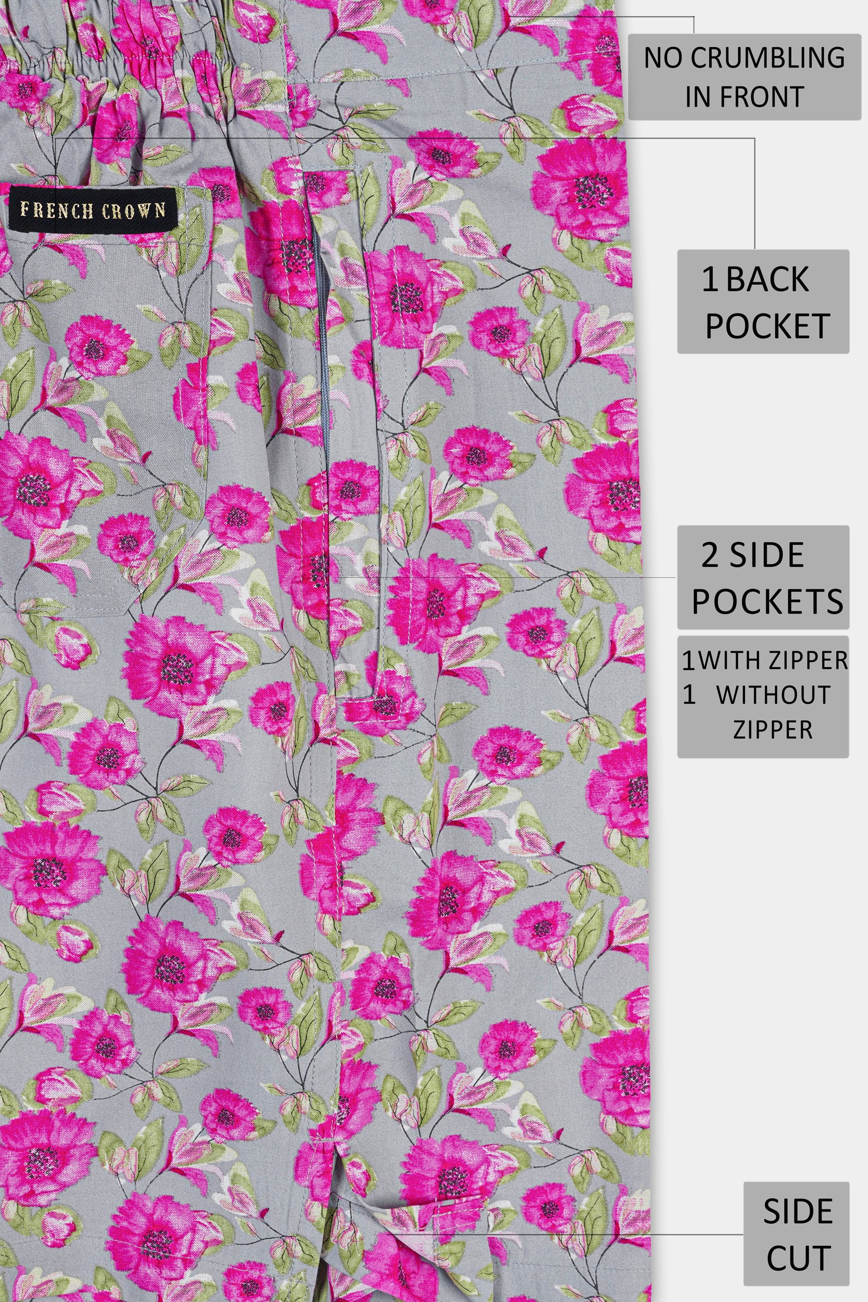 Noble Gray with Hopbush Pink Multicolor Floral Printed Premium Tencel Shorts SR369-28, SR369-30, SR369-32, SR369-34, SR369-36, SR369-38, SR369-40, SR369-42, SR369-44
