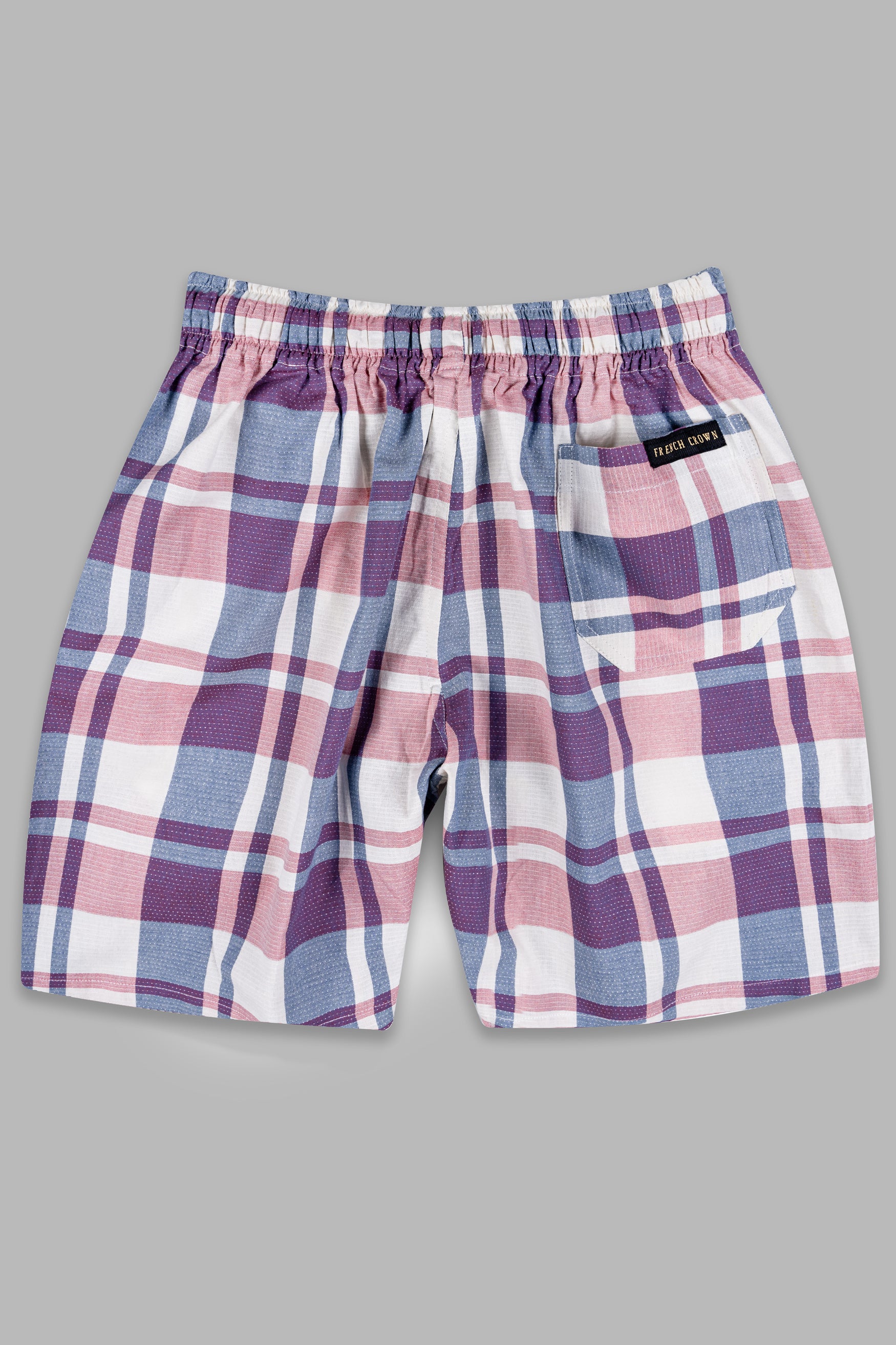 Bright White with Cavern Pink and Mulled Wine Purple Checkered Dobby Textured Giza Cotton Shorts SR396-28, SR396-30, SR396-32, SR396-34, SR396-36, SR396-38, SR396-40, SR396-42, SR396-44