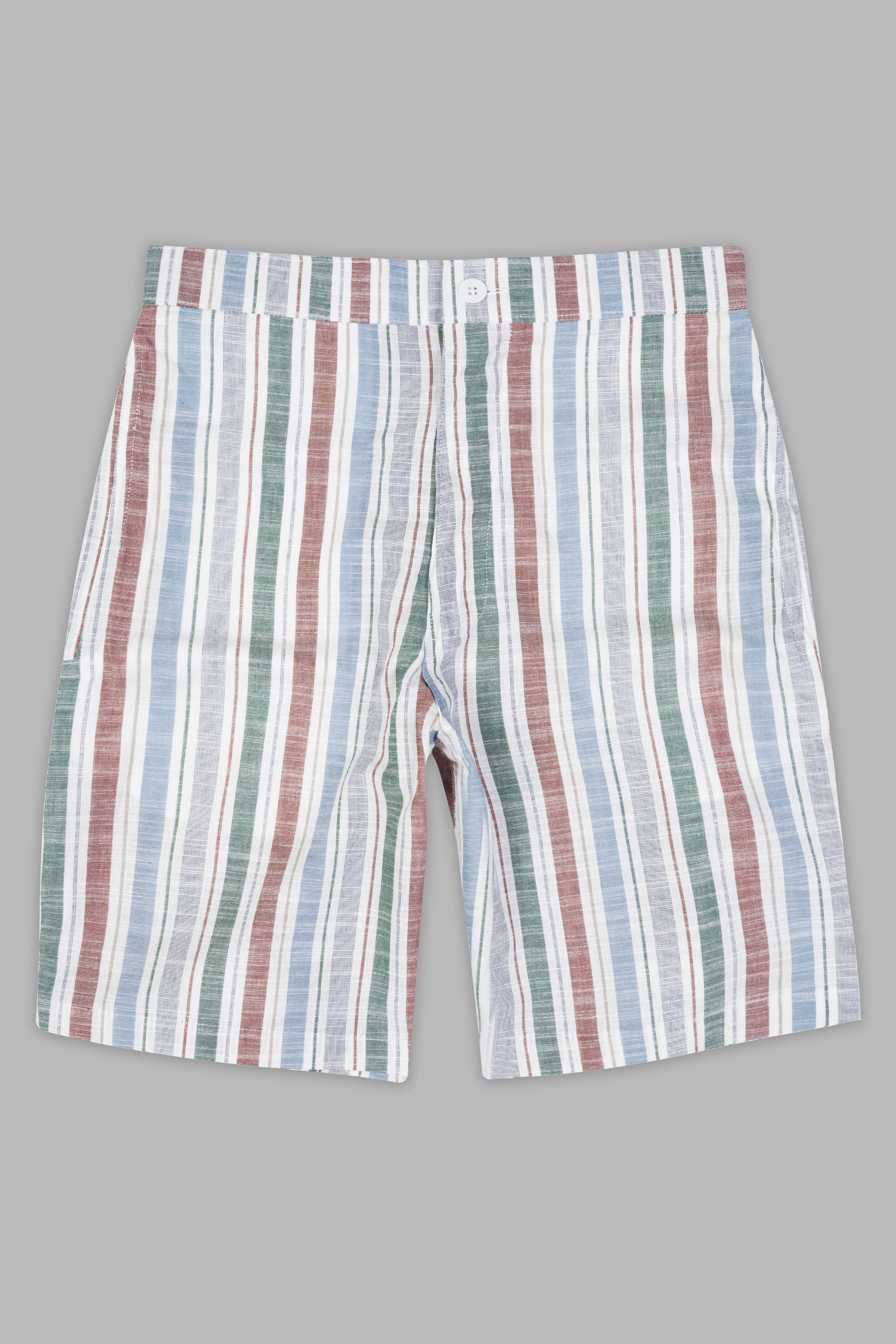 Bright White with Chambray Blue and Multi color Stripes Luxurious Linen Shorts