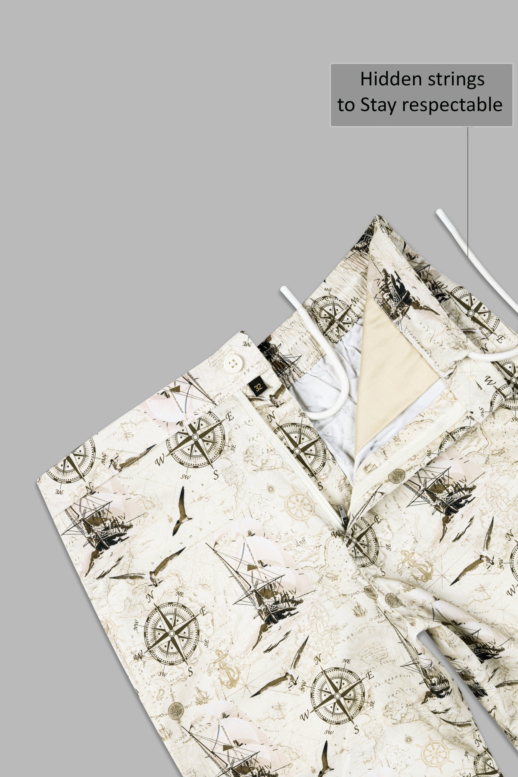 Albescent Beige and Kabul Brown Compass and ships Printed Subtle Sheen Super Soft Premium Cotton Designer Short