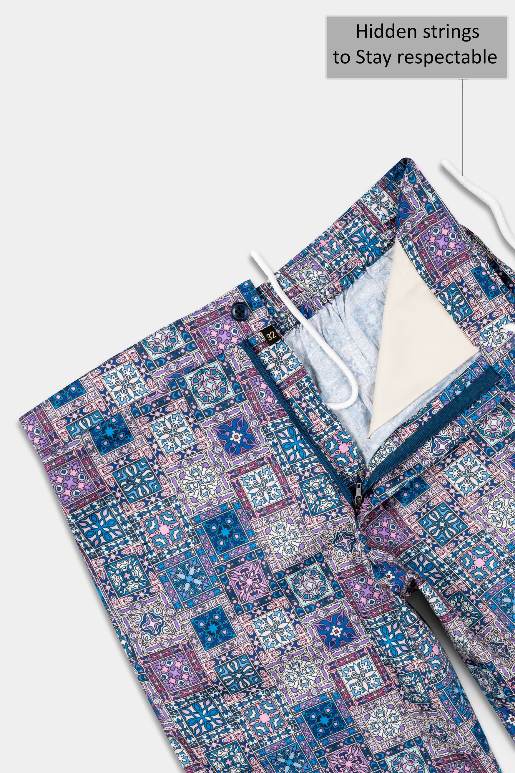 Regal Blue and Lilac Lavender Multicolour Tile Printed Subtle Sheen Super Soft Premium Cotton Designer Short