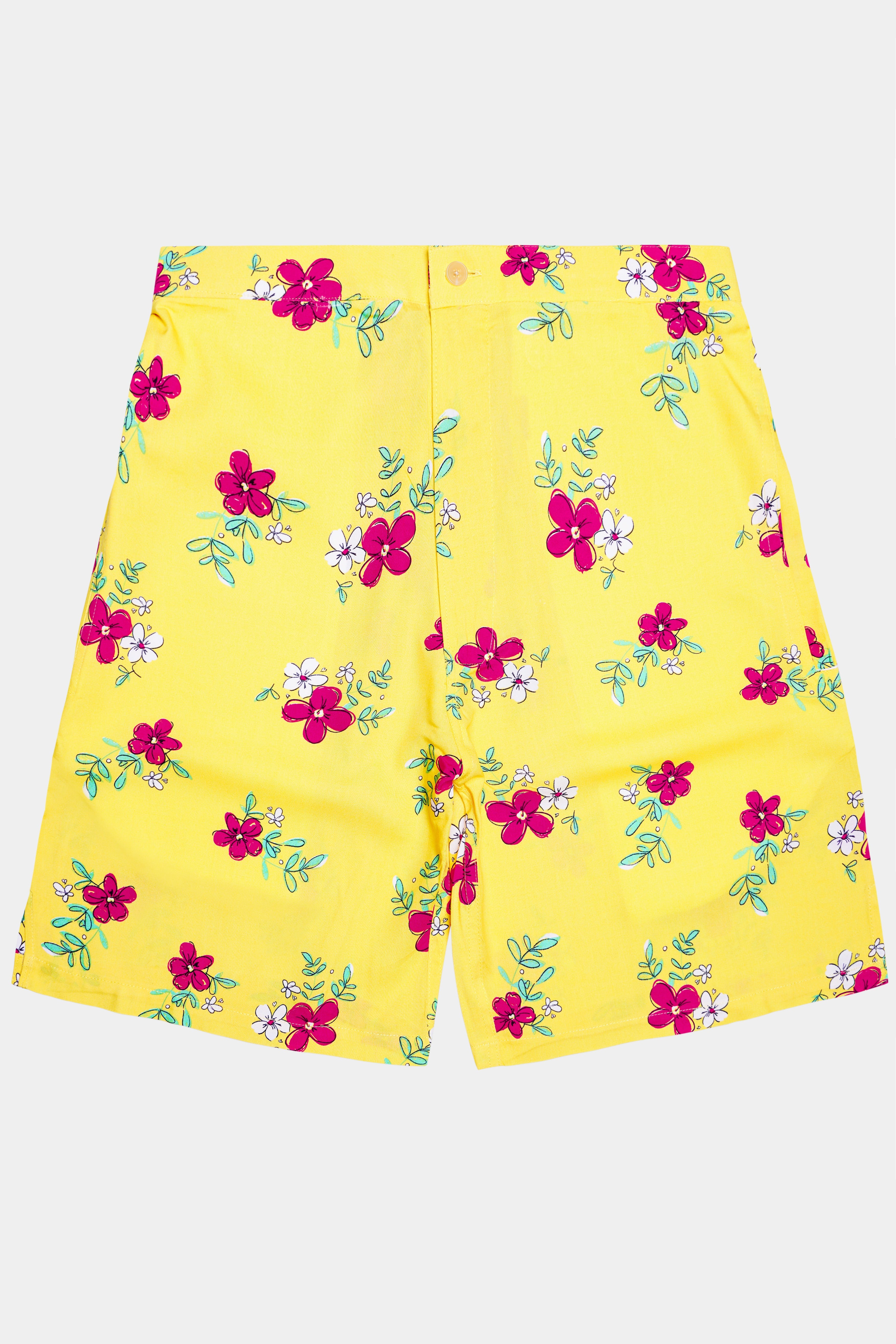 Manilla Yellow And Debian Pink Floral Printed Premium Tencel Shorts