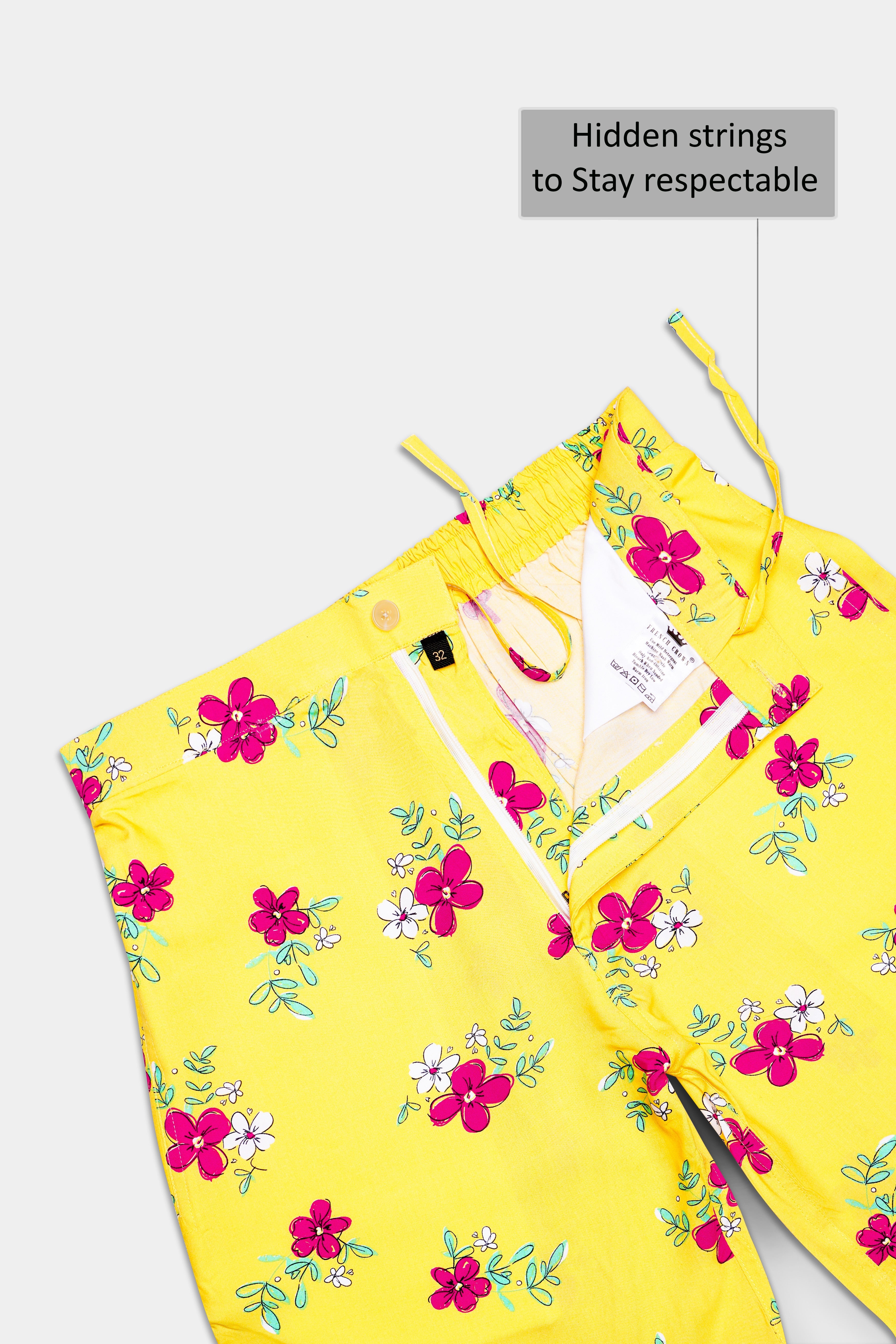 Manilla Yellow And Debian Pink Floral Printed Premium Tencel Shorts