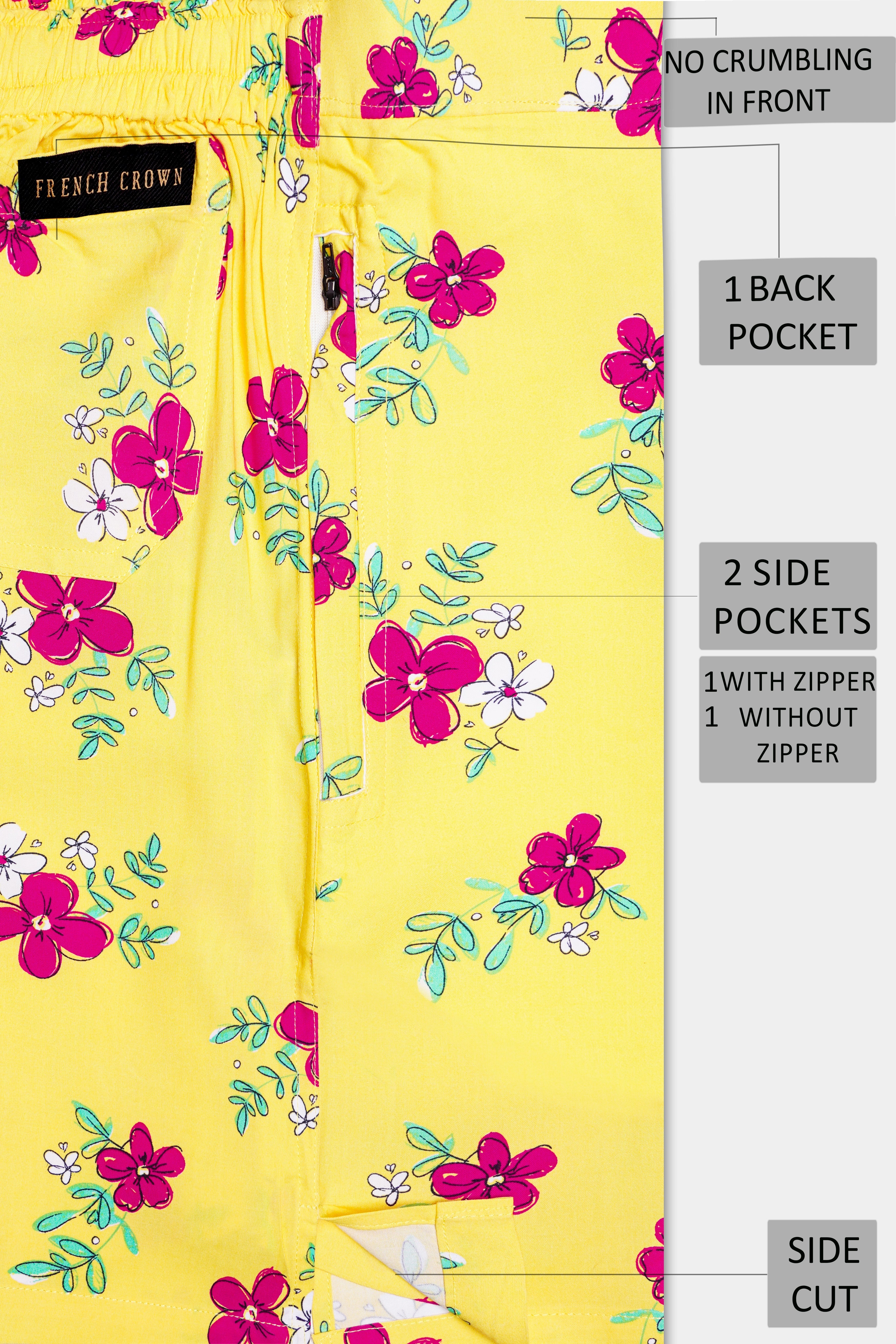 Manilla Yellow And Debian Pink Floral Printed Premium Tencel Shorts