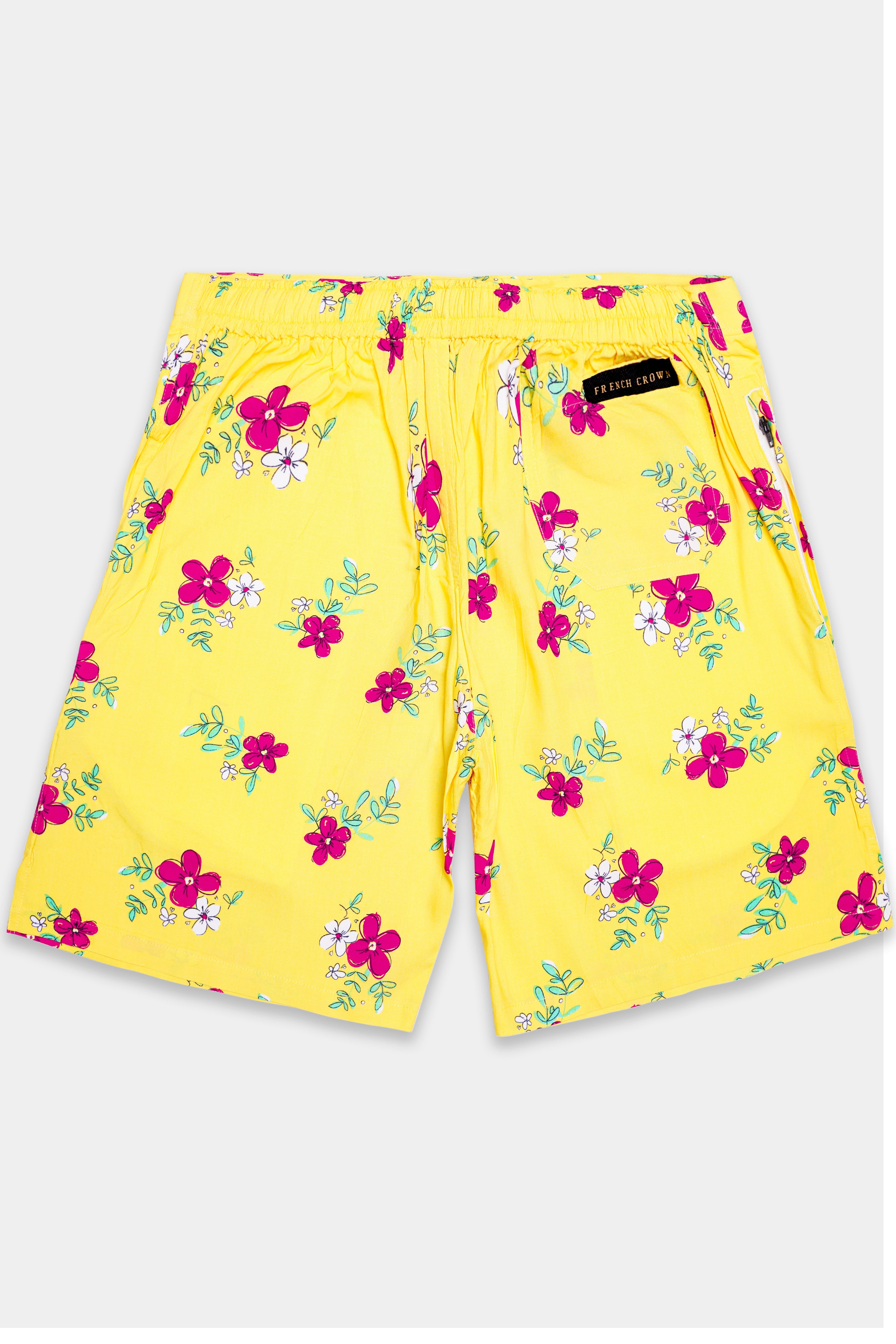 Manilla Yellow And Debian Pink Floral Printed Premium Tencel Shorts