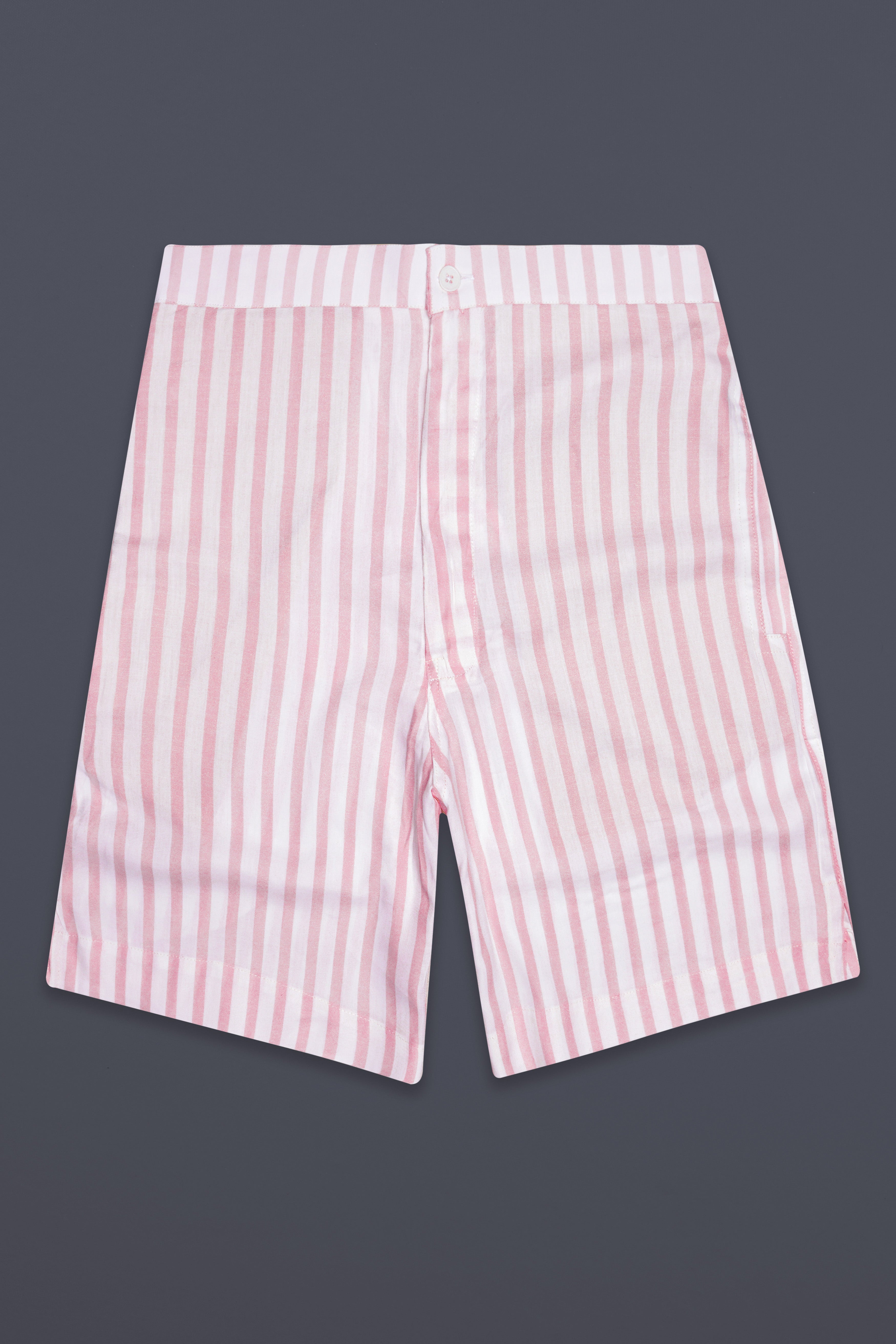 Petaline-Flare Pink And Bright White Striped Twill Super Soft Premium Cotton Shorts