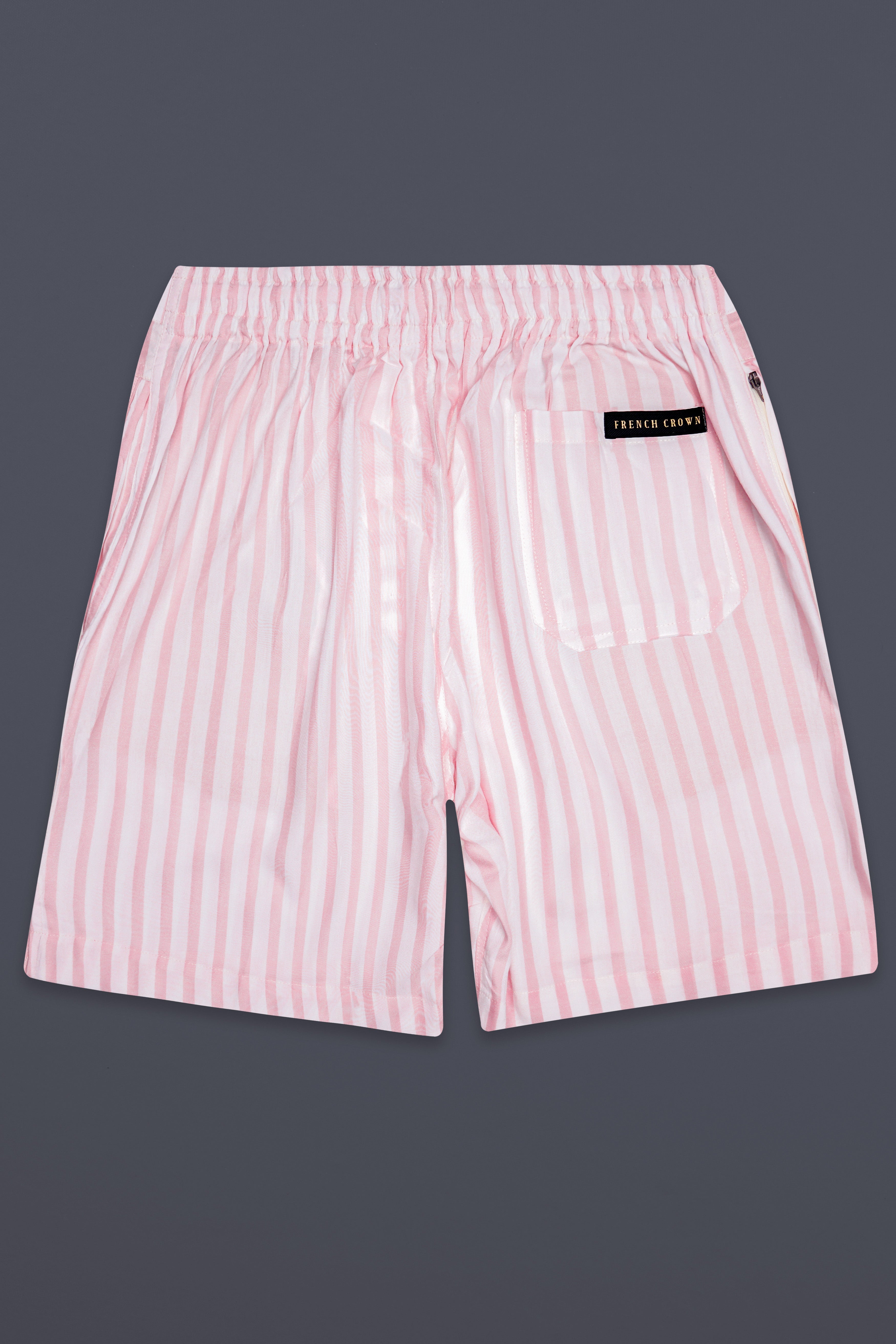 Petaline-Flare Pink And Bright White Striped Twill Super Soft Premium Cotton Shorts