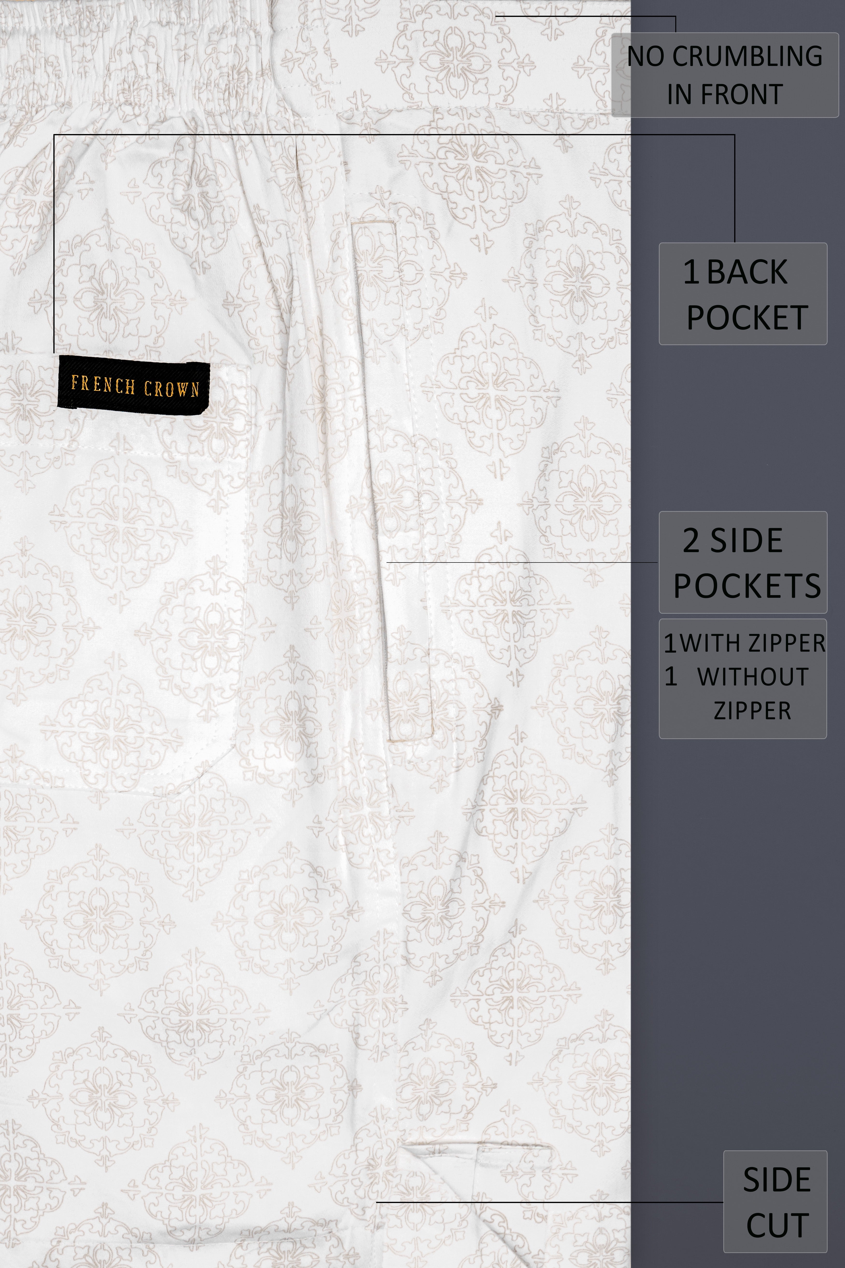 Velisca-Porcelain Cream Damask Printed Subtle Sheen Super Soft Premium Cotton Shorts