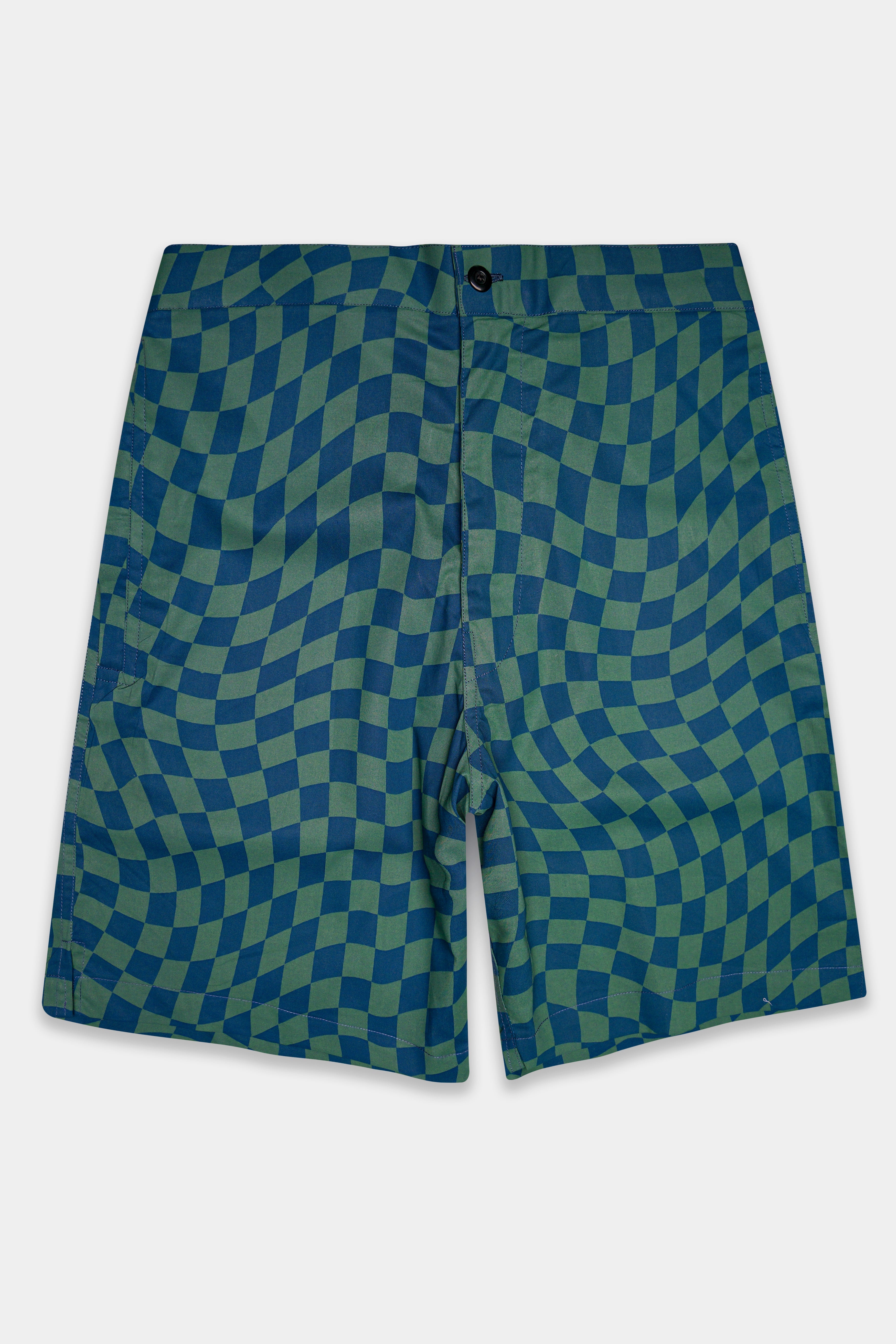Plaimel-Mineral Green And Marine Blue Plaid Premium Cotton Shorts