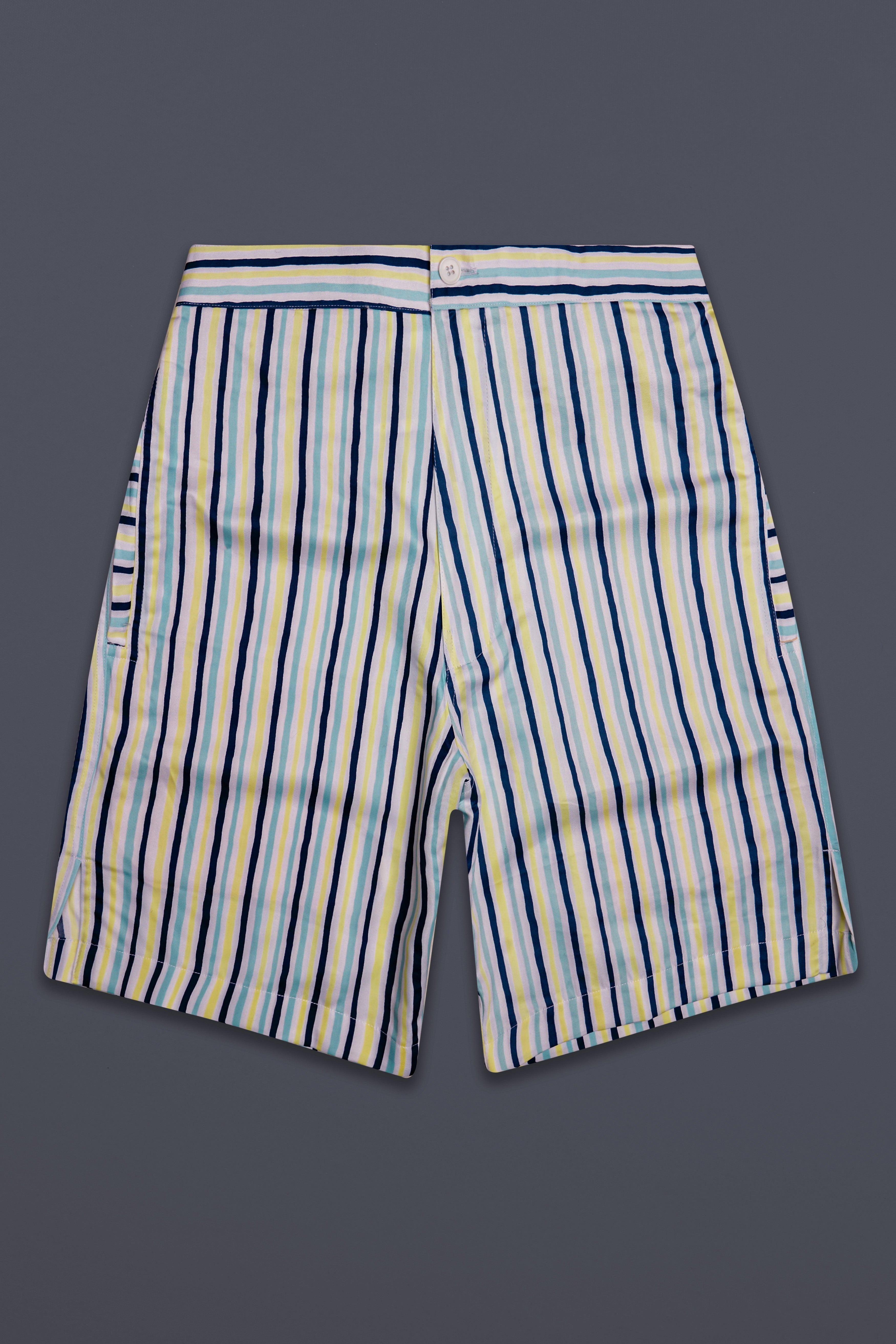 Flicker-Nepal Blue And Laser Yellow Multicolour Striped Super Soft Premium Cotton Shorts