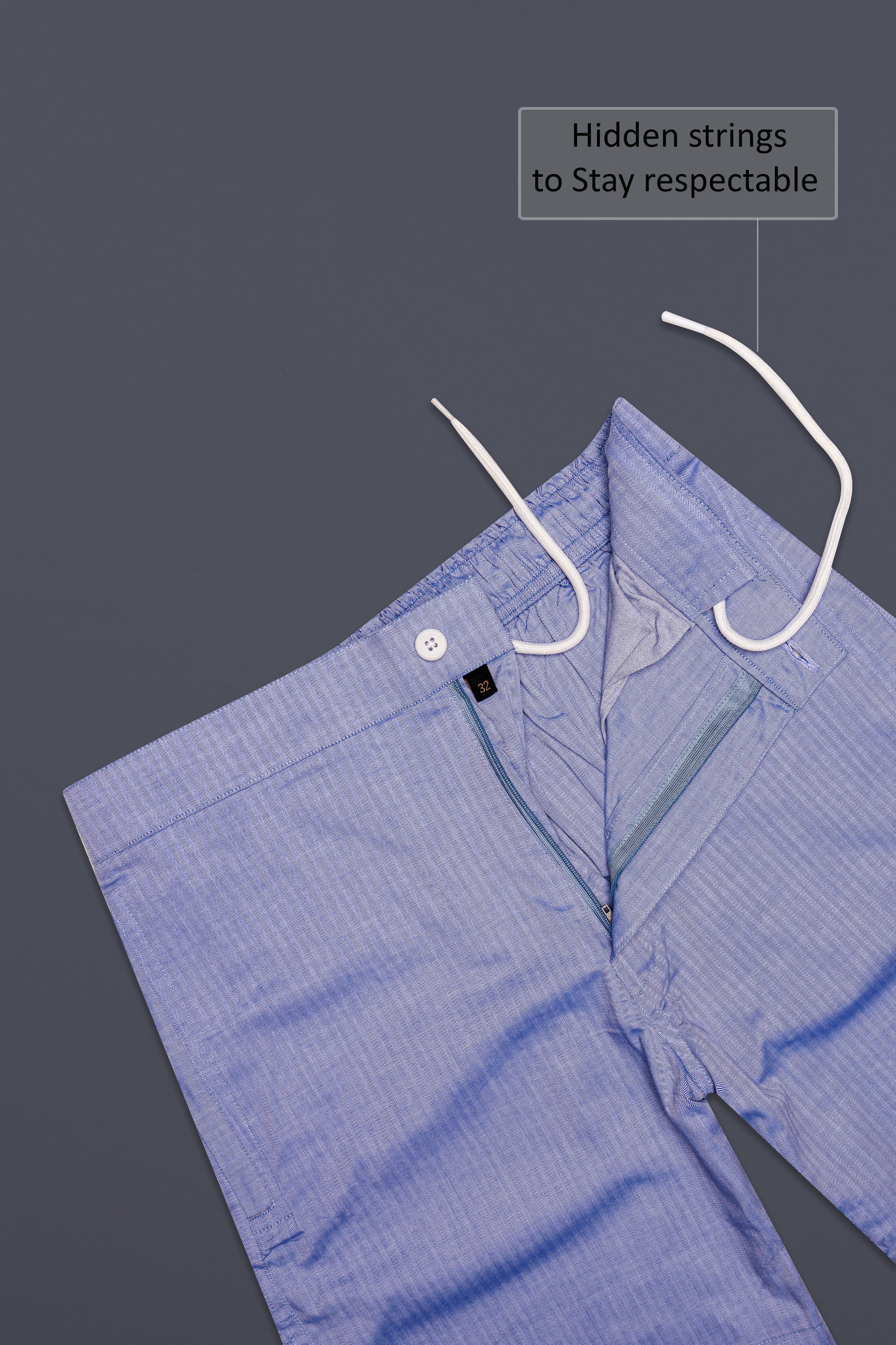Azure-Glaucous Blue Herringbone Textured Premium Cotton Shorts