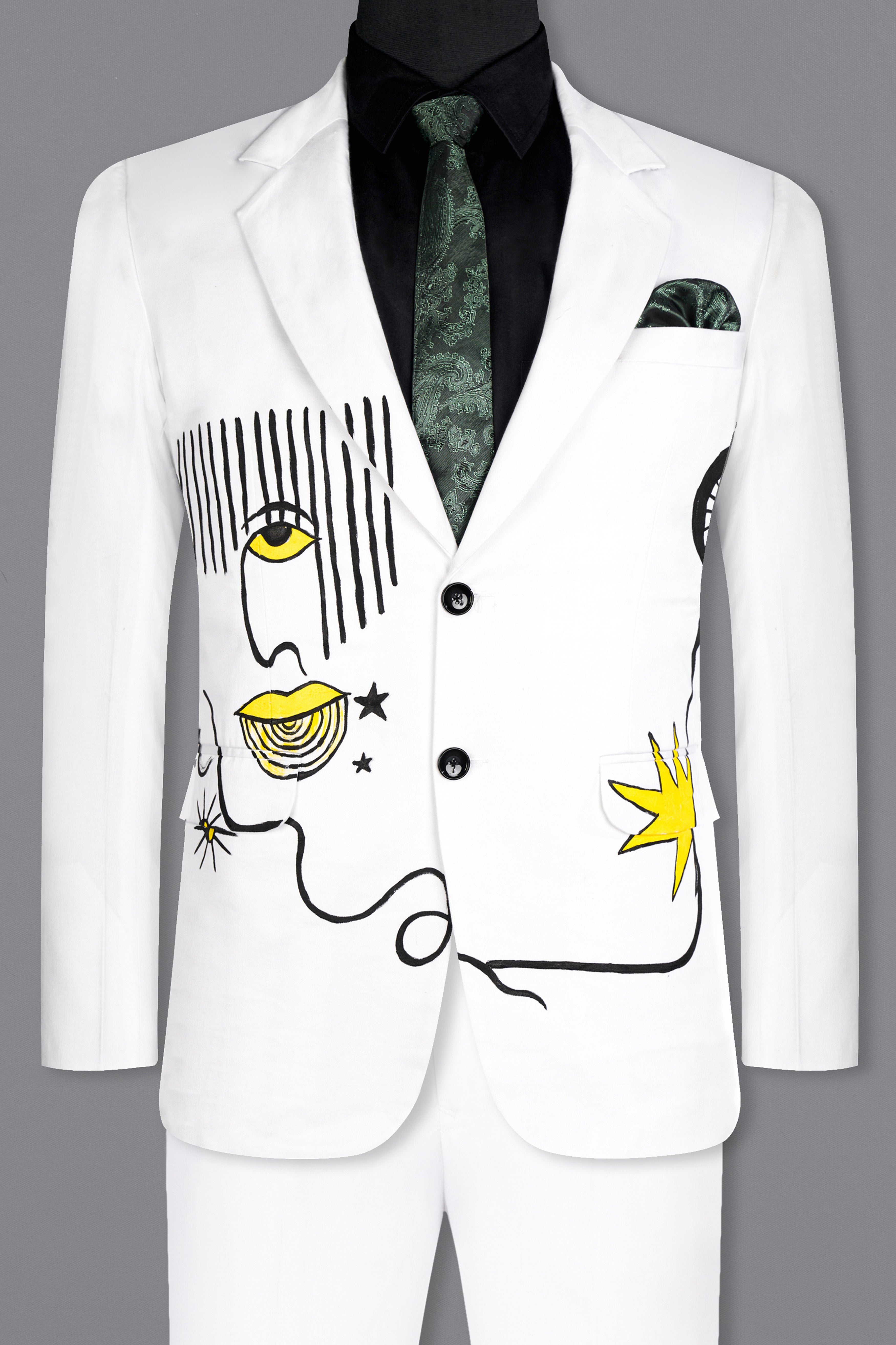 Bright White With Abstract Hand Painted Stretchable Single Breasted Designer Suit