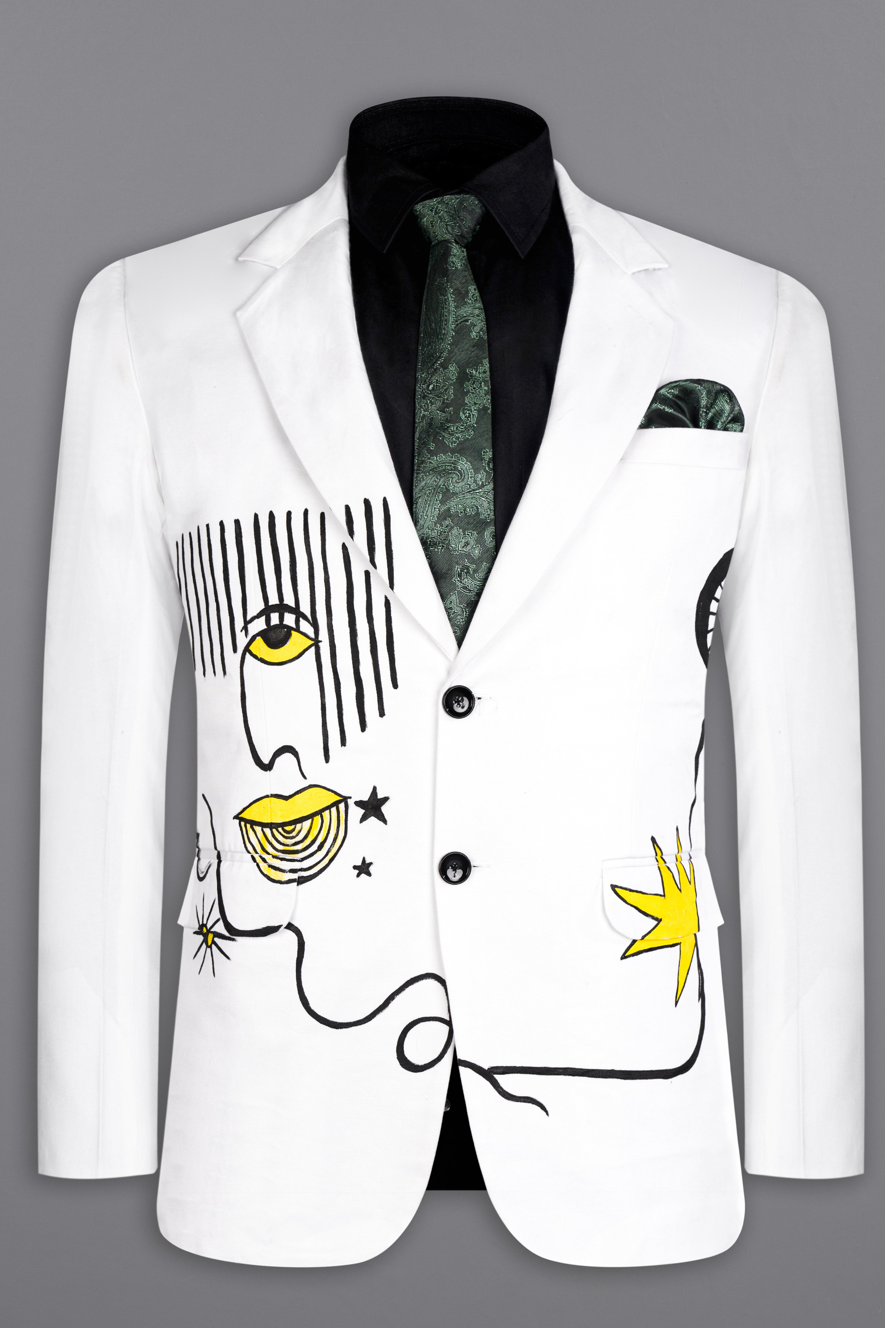 Bright White With Abstract Hand Painted Stretchable Single Breasted Designer Suit