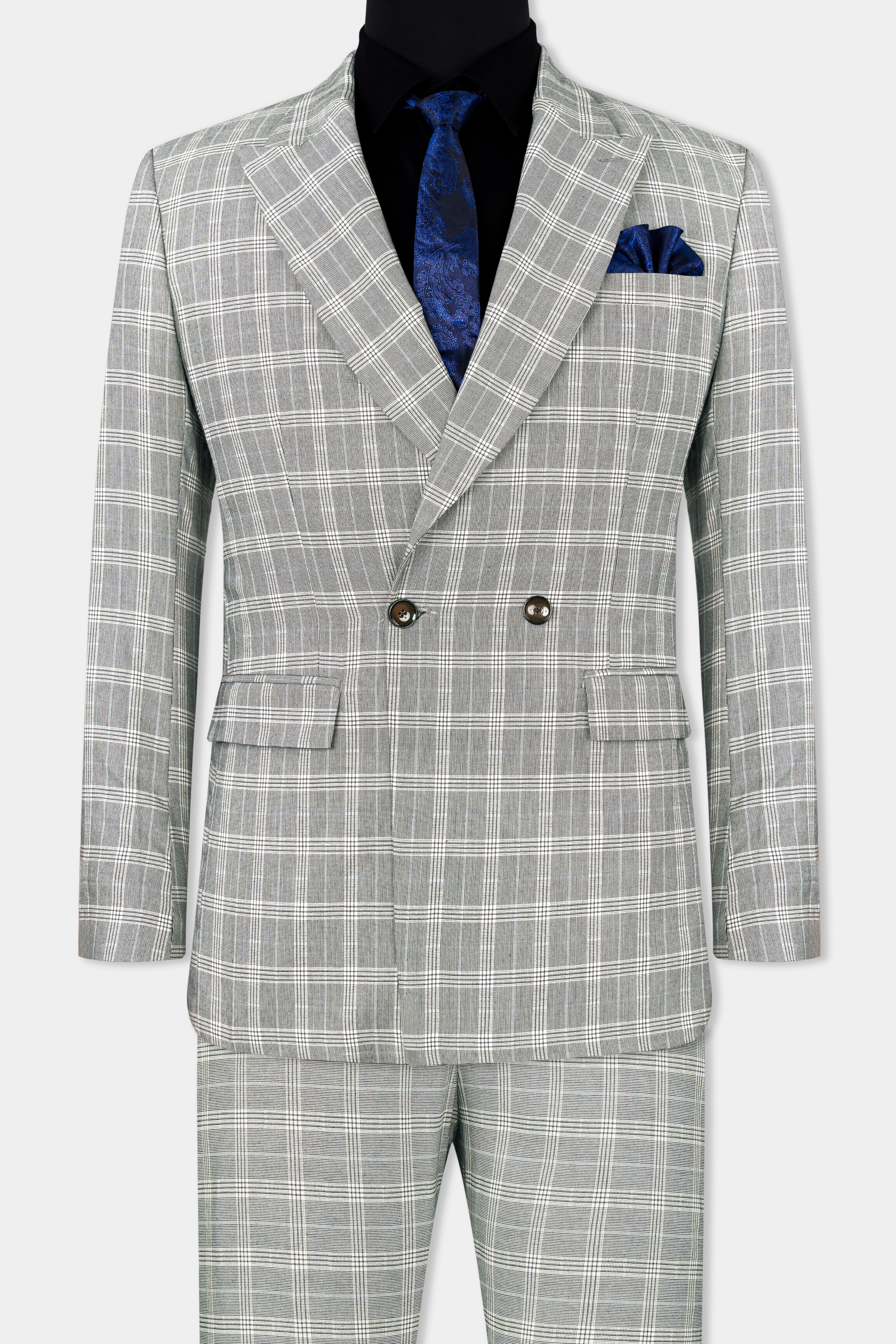 Bronco Gray and White Plaid Double Breasted Suit
