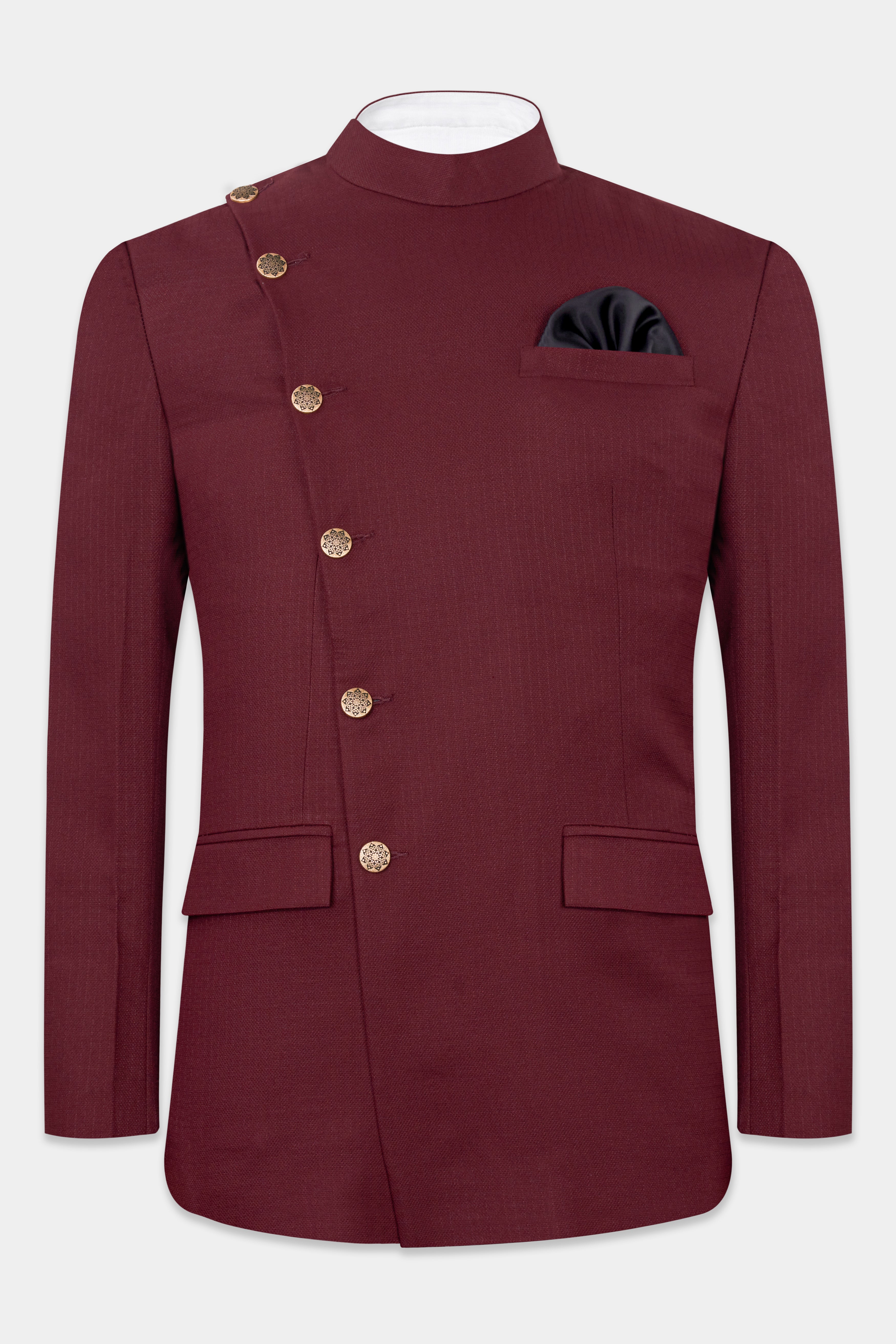 Maroon Dobby Textured Cross Placket Bandhgala Suit
