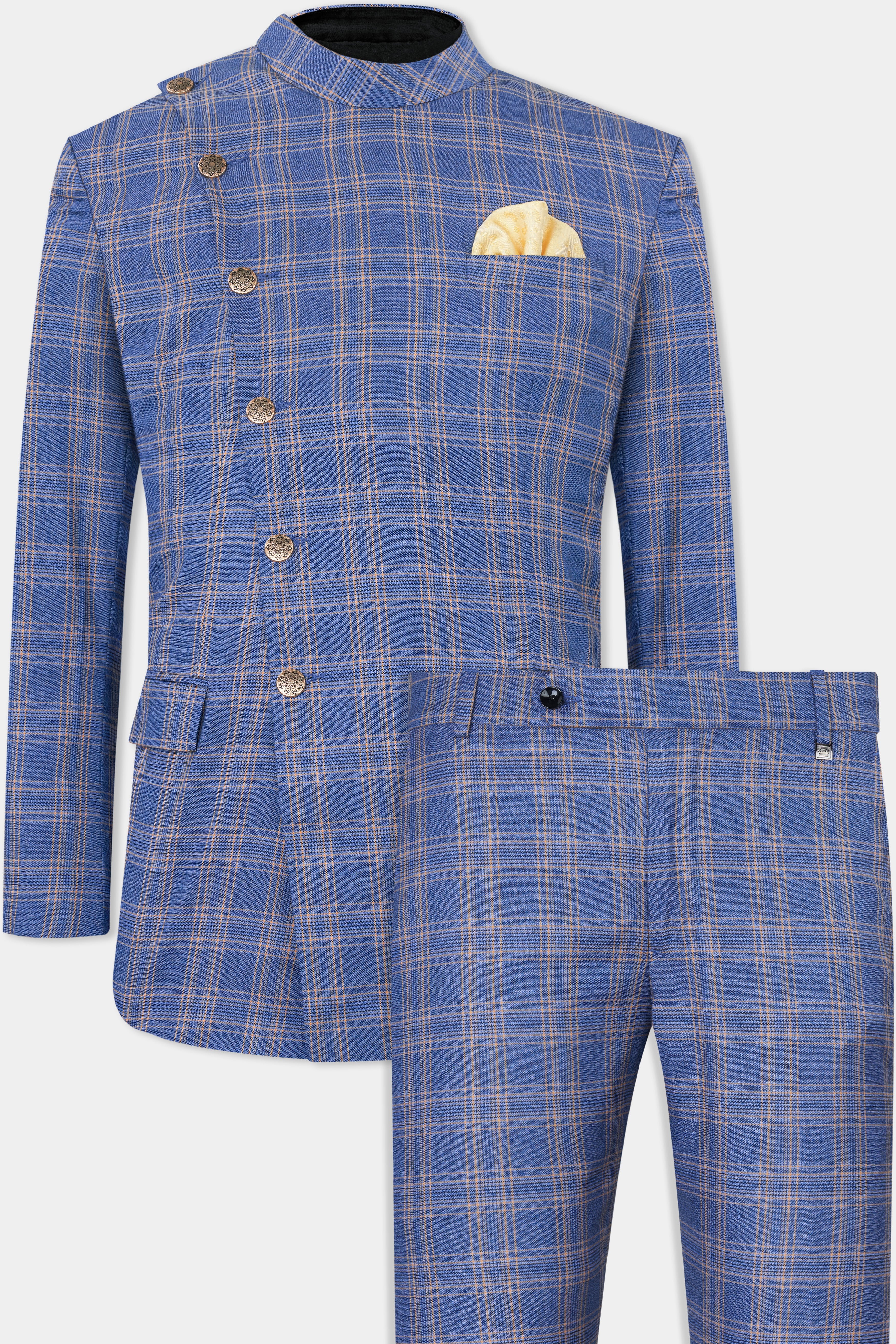 Scampi Blue and Muesli Brown Plaid Wool Rich Cross Buttoned Bandhgala Suit ST2771-CBG2-36, ST2771-CBG2-38, ST2771-CBG2-40, ST2771-CBG2-42, ST2771-CBG2-44, ST2771-CBG2-46, ST2771-CBG2-48, ST2771-CBG2-50, ST2771-CBG2-52, ST2771-CBG2-54, ST2771-CBG2-56, ST2771-CBG2-58, ST2771-CBG2-60