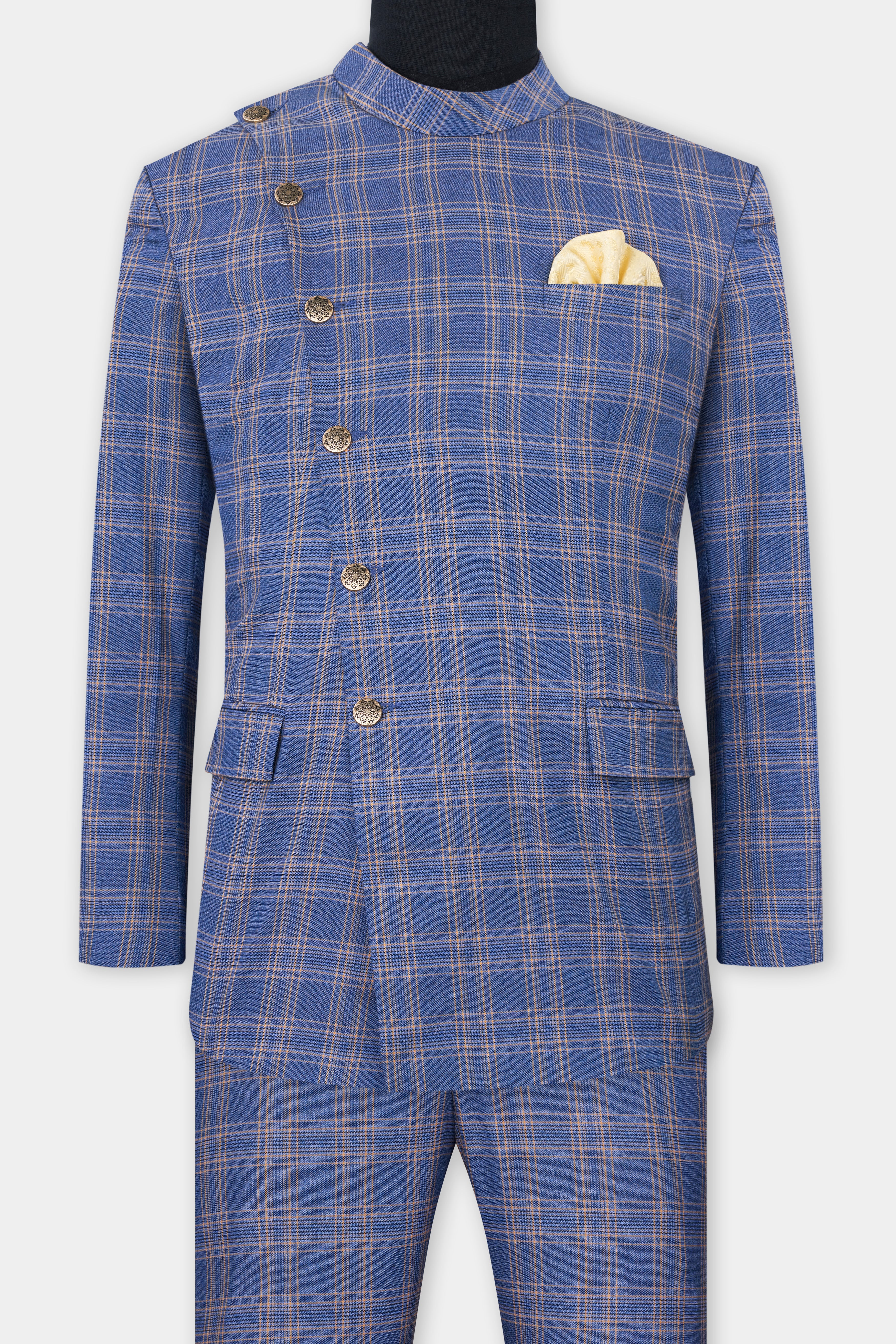 Scampi Blue and Muesli Brown Plaid Wool Rich Cross Buttoned Bandhgala Suit ST2771-CBG2-36, ST2771-CBG2-38, ST2771-CBG2-40, ST2771-CBG2-42, ST2771-CBG2-44, ST2771-CBG2-46, ST2771-CBG2-48, ST2771-CBG2-50, ST2771-CBG2-52, ST2771-CBG2-54, ST2771-CBG2-56, ST2771-CBG2-58, ST2771-CBG2-60