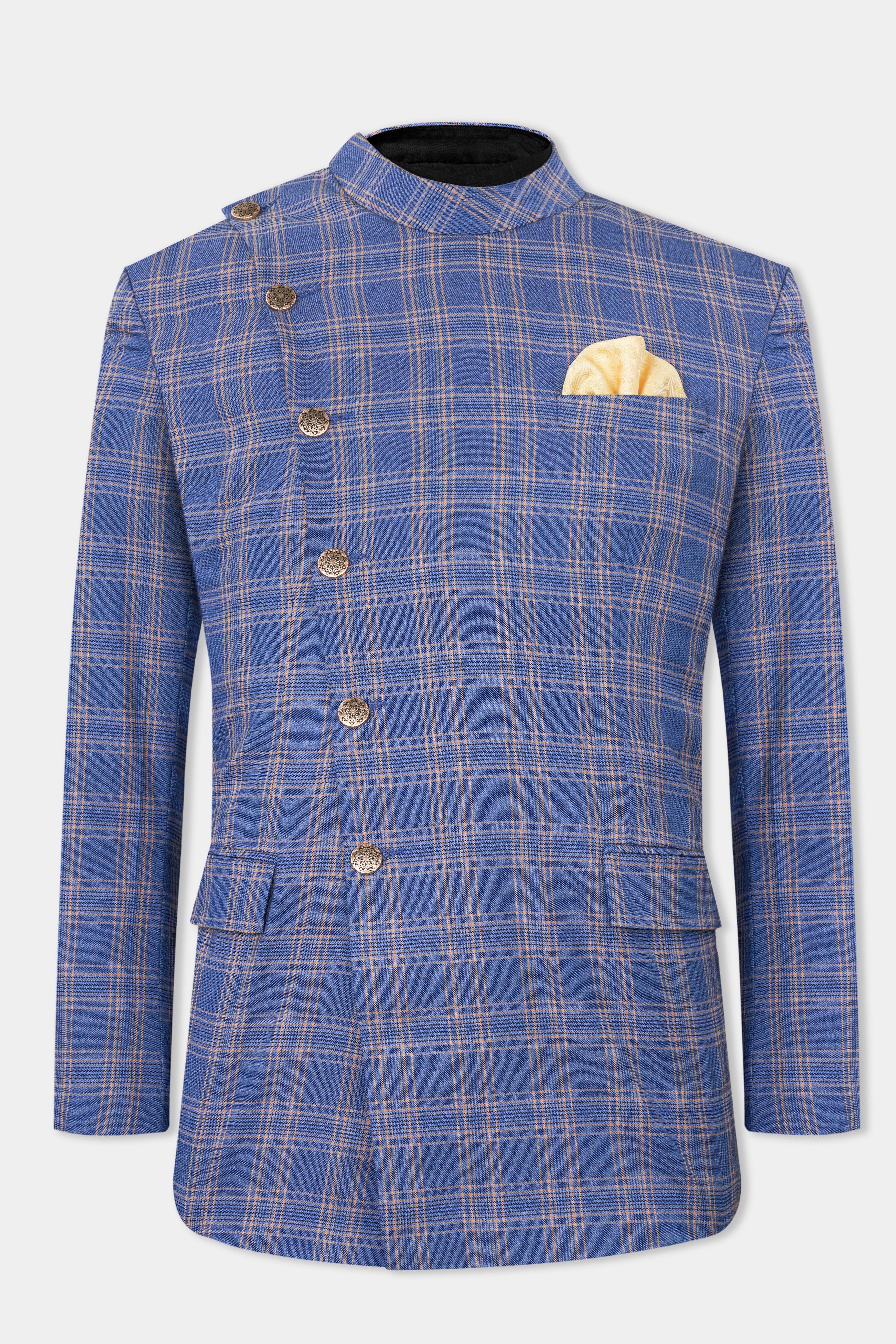 Scampi Blue and Muesli Brown Plaid Wool Rich Cross Buttoned Bandhgala Suit ST2771-CBG2-36, ST2771-CBG2-38, ST2771-CBG2-40, ST2771-CBG2-42, ST2771-CBG2-44, ST2771-CBG2-46, ST2771-CBG2-48, ST2771-CBG2-50, ST2771-CBG2-52, ST2771-CBG2-54, ST2771-CBG2-56, ST2771-CBG2-58, ST2771-CBG2-60