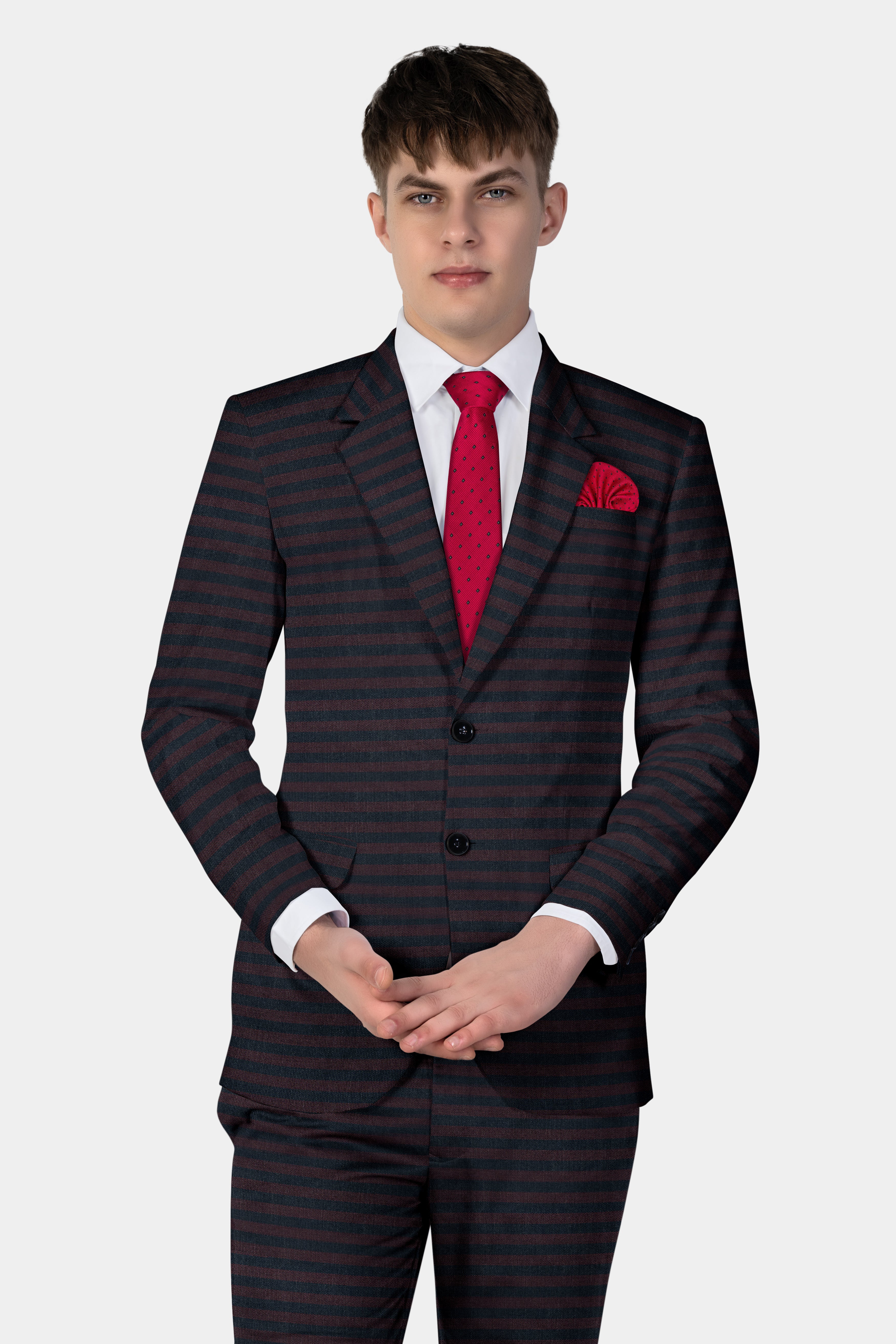 Jade Black with Shark Brown Striped Wool Blend Suit