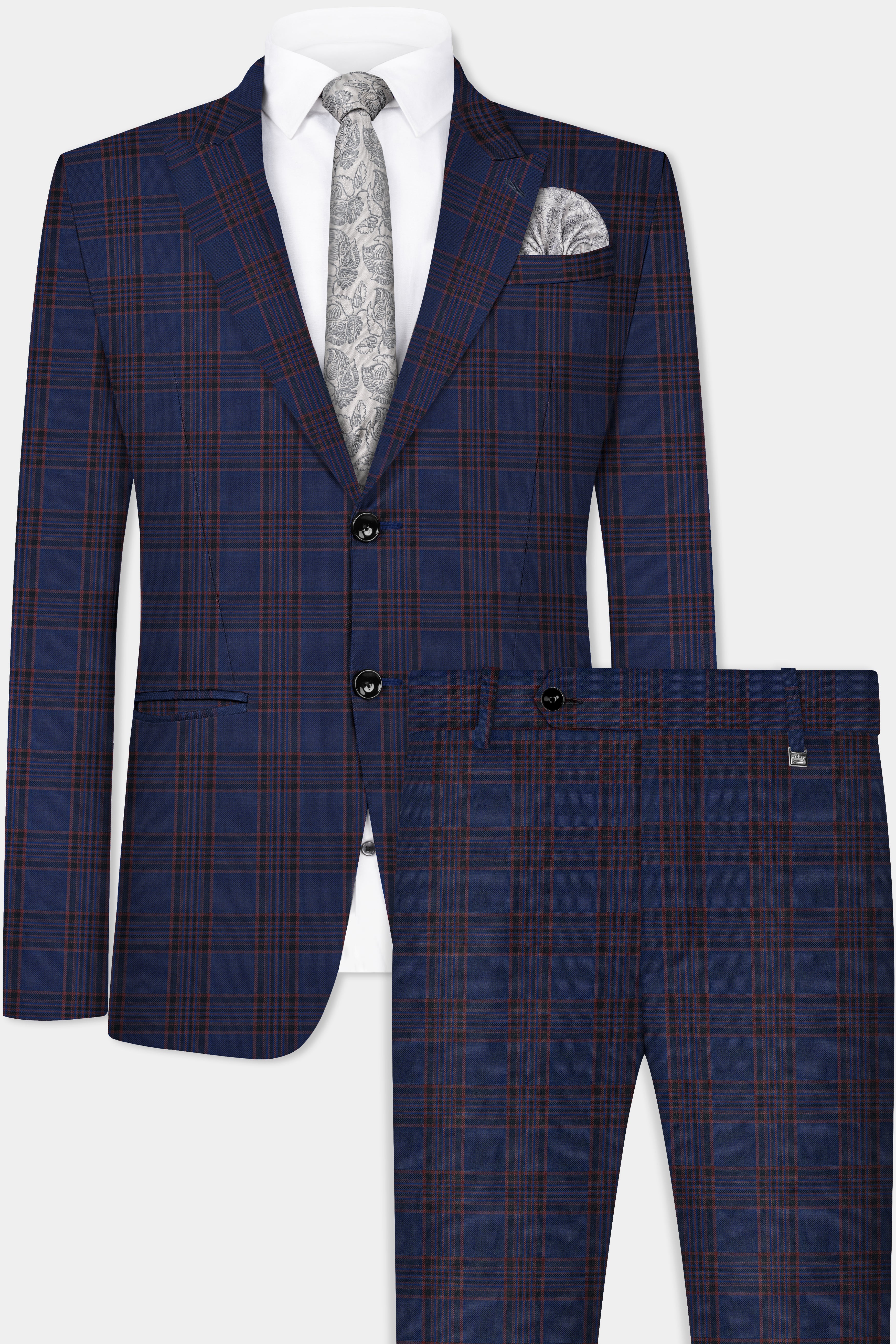 Bunting Blue with Livid Brown Plaid Wool Blend Tuxedo Suit