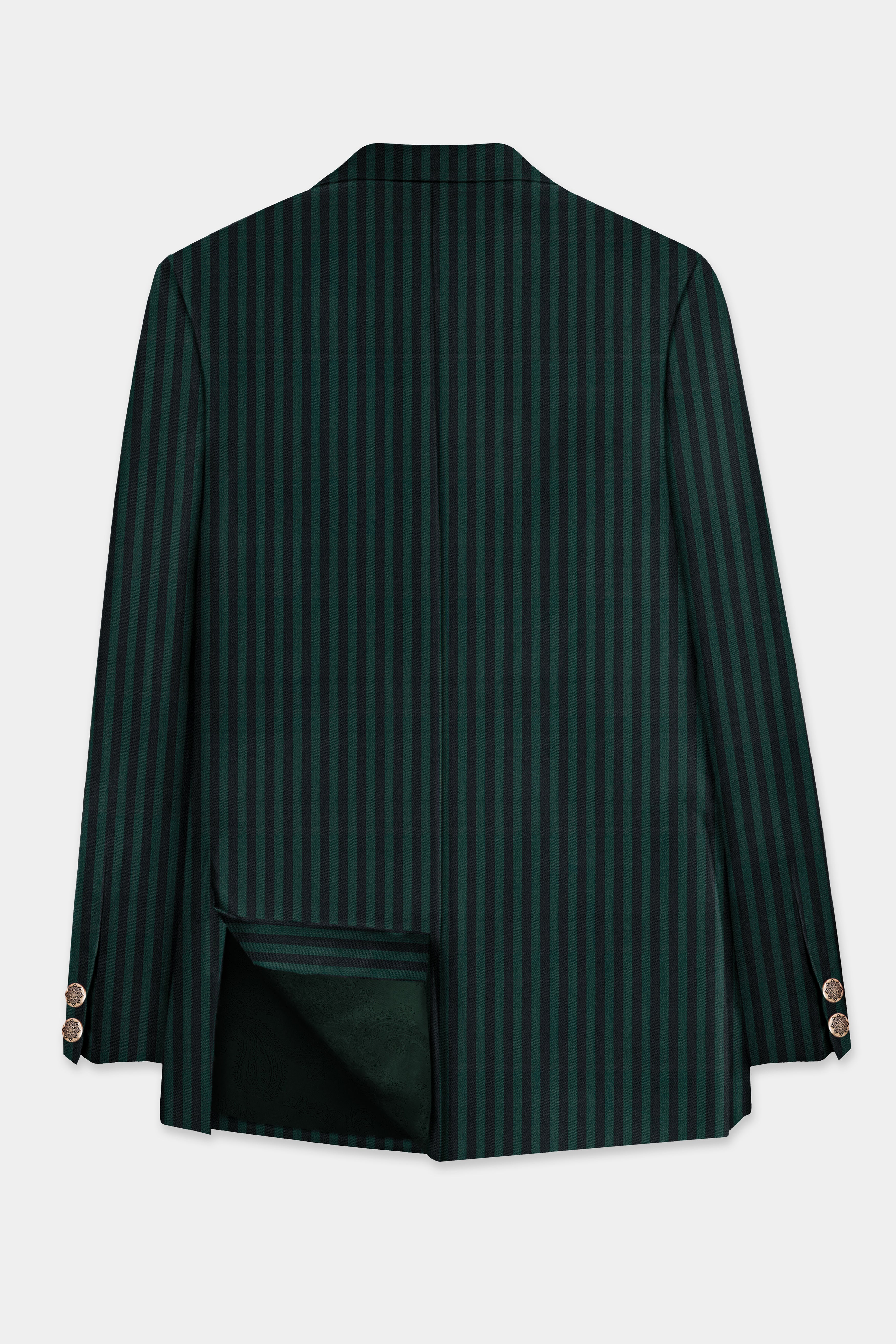 Celtic Green with Black Striped Wool Rich Cross Placket Bandhgala Suit