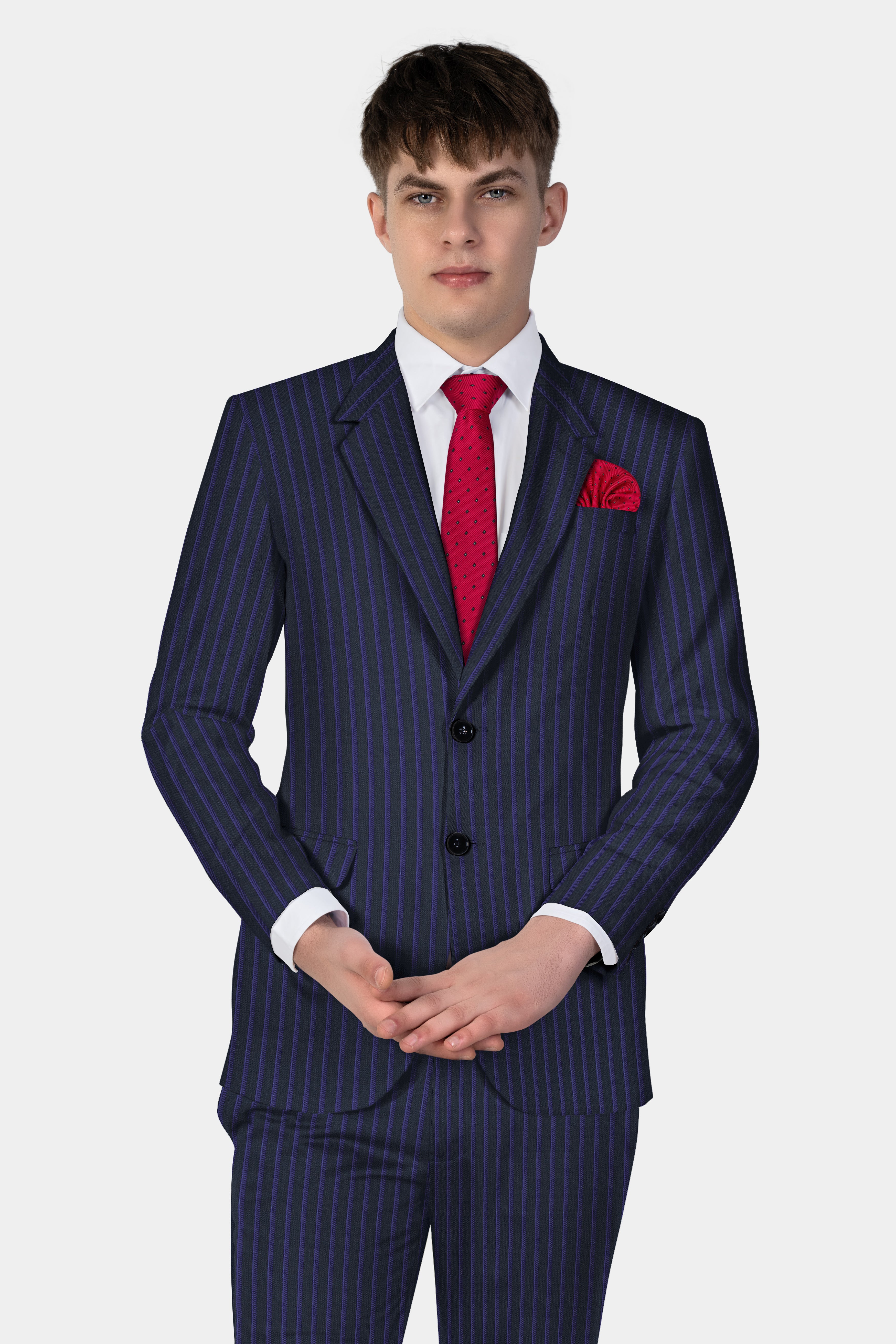 Shark Black with Blue Zodiac Striped Wool Blend Suit