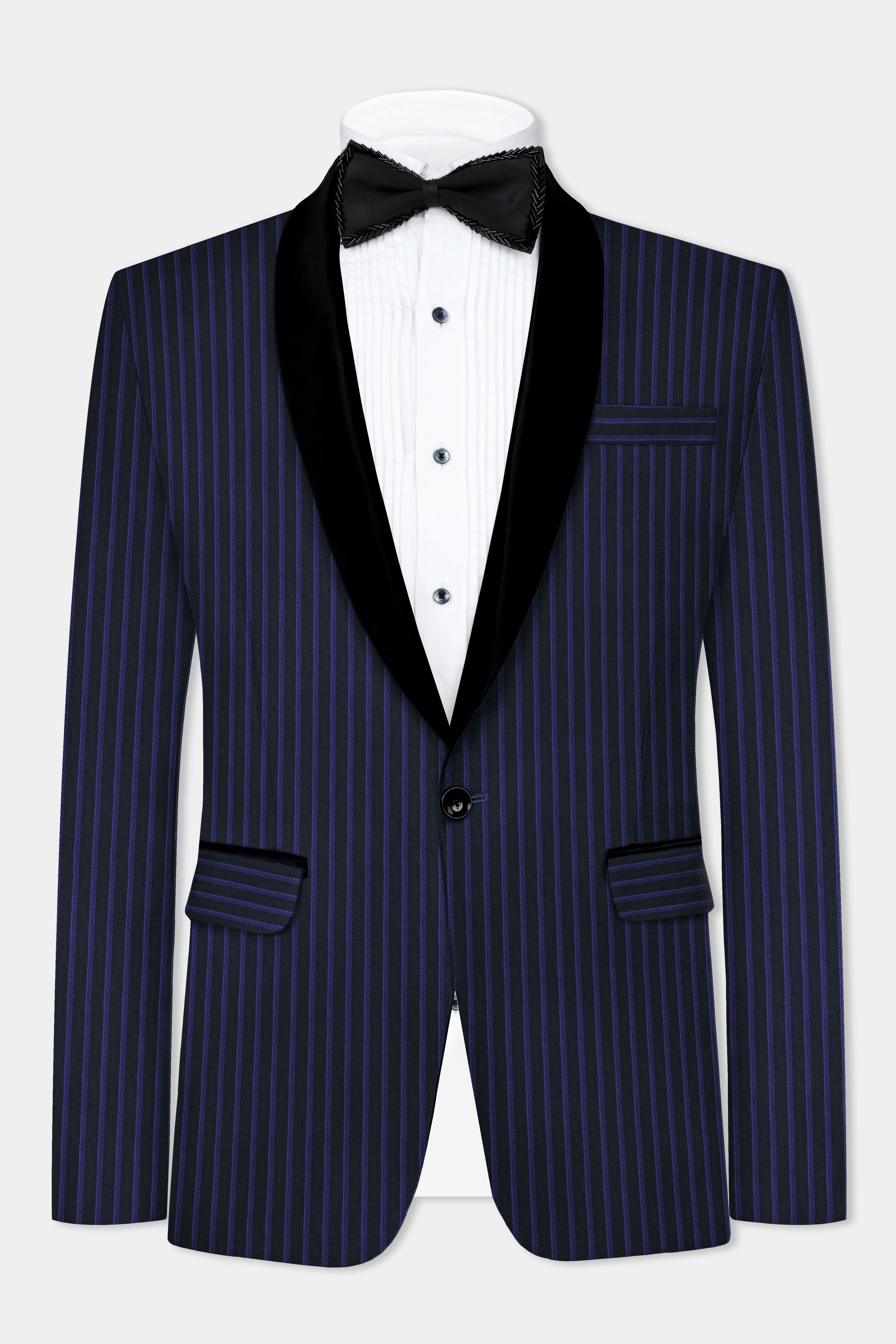 Shark Black with Blue Zodiac Striped Wool Blend Tuxedo Suit